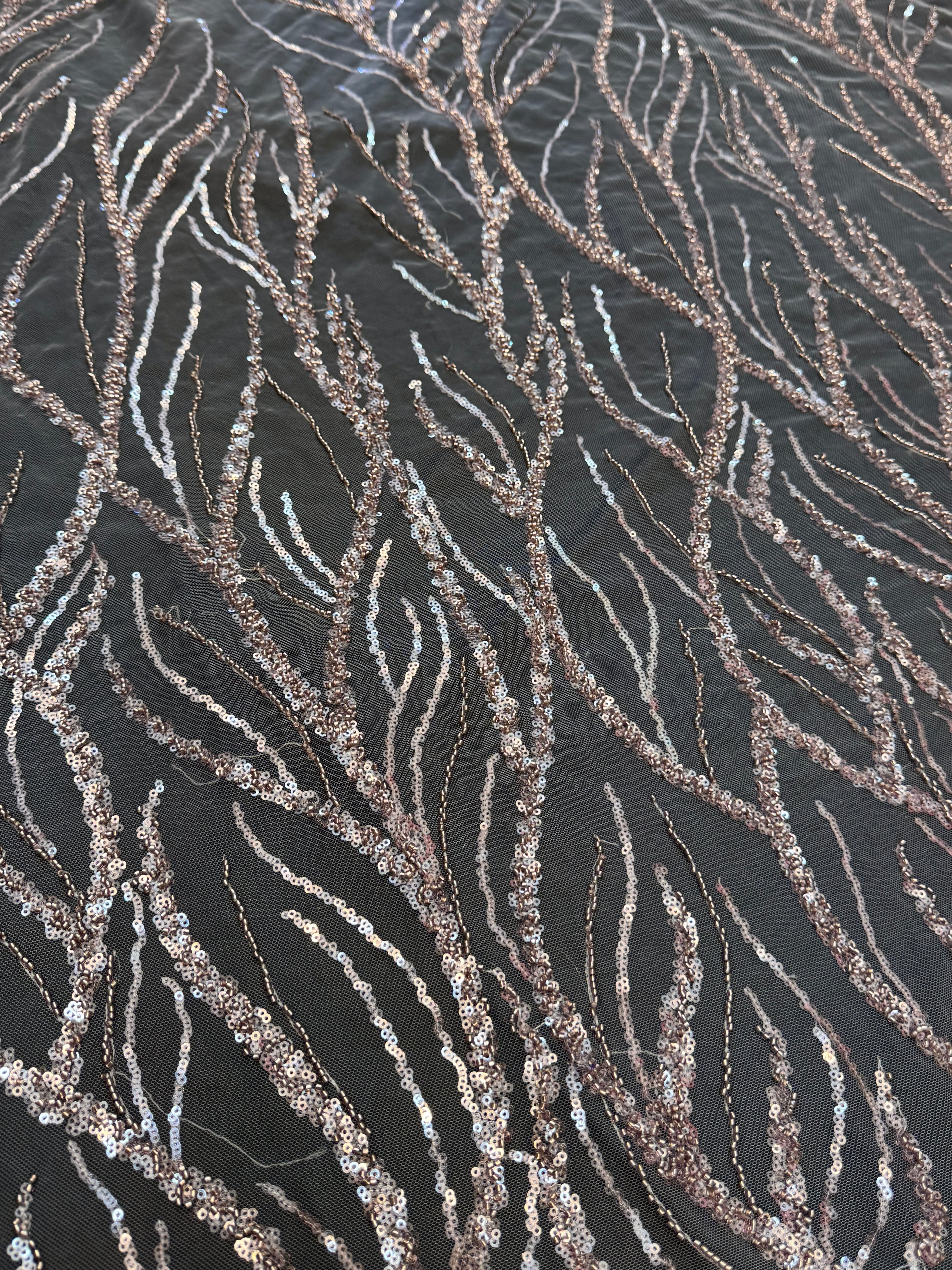 Dusty Pink Abstract Branch Beaded Sequin Lace on Mesh, Branch Lace Fabric, Beaded Sequin Lace, Sequin Mesh Lace, Beaded Lace Mesh, Abstract Lace Fabric, Embellished Lace Fabric