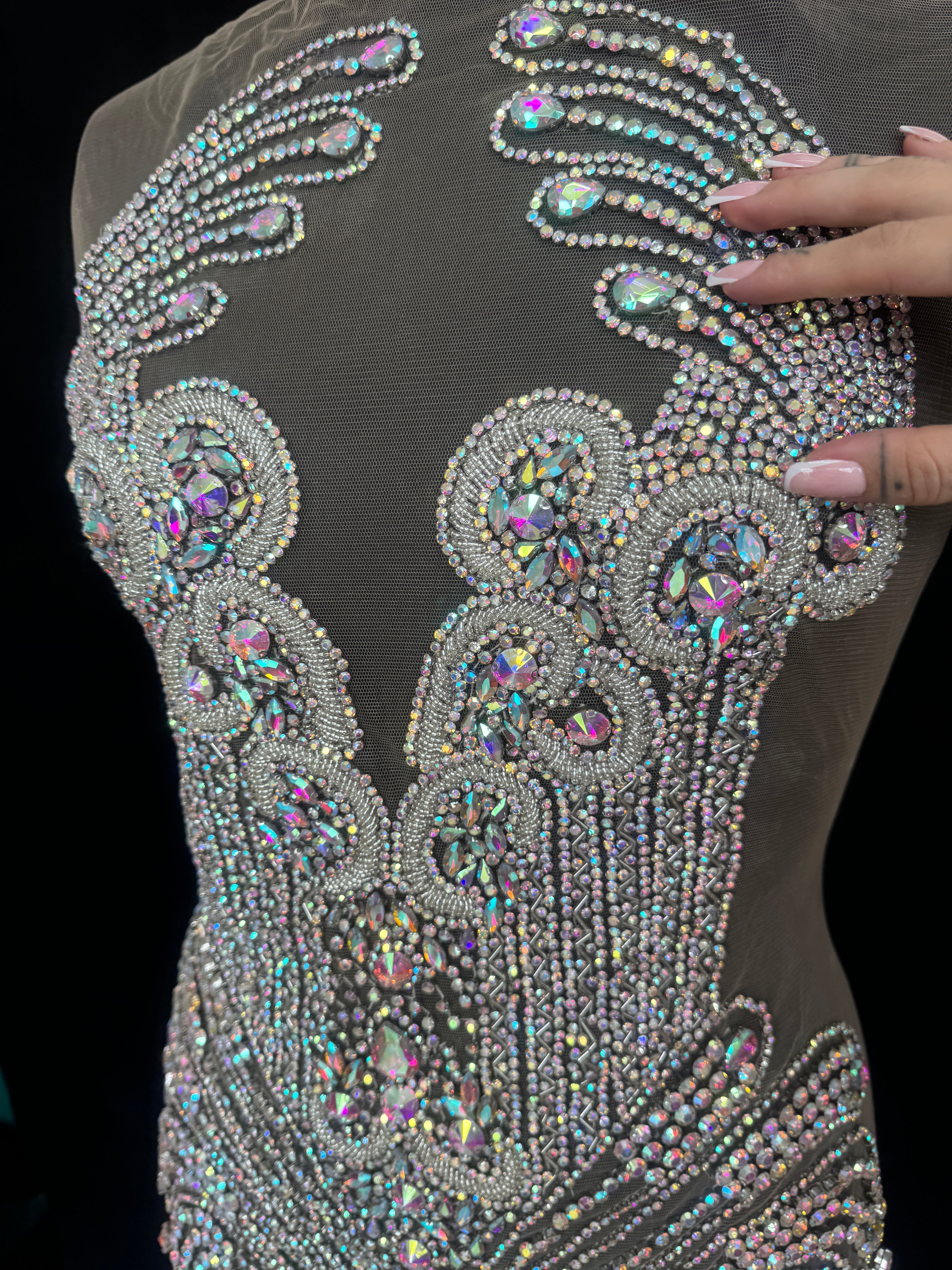Tina Silver Iridescent Rhinestone Bodice Applique, shop fabrics online, sewing, fabric store, sewing store, cheap fabric store, kiki textiles, textile by the yard
