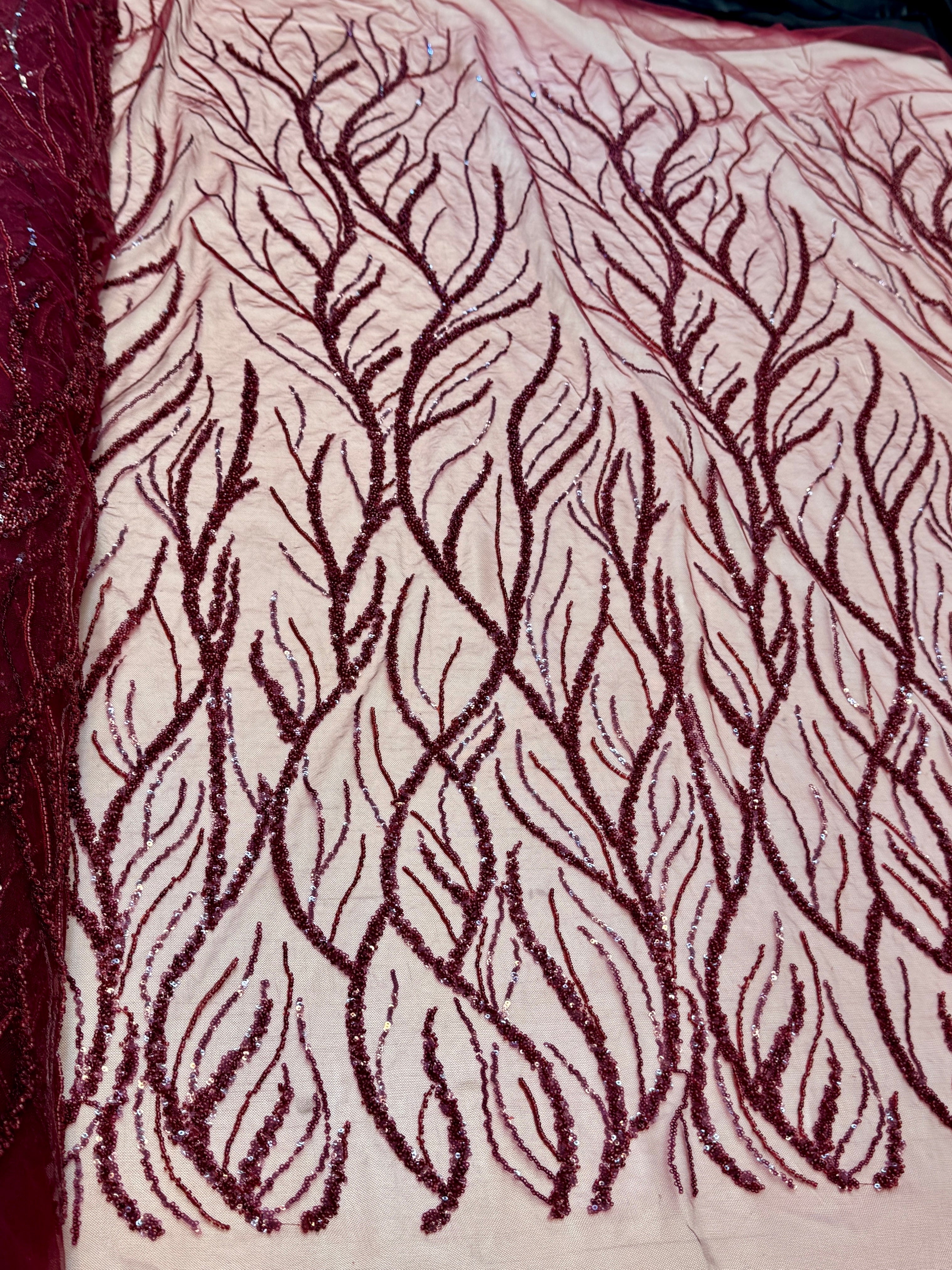 Burgundy Abstract Branch Beaded Sequin Lace on Mesh, Branch Lace Fabric, Beaded Sequin Lace, Sequin Mesh Lace, Beaded Lace Mesh, Abstract Lace Fabric, Embellished Lace Fabric