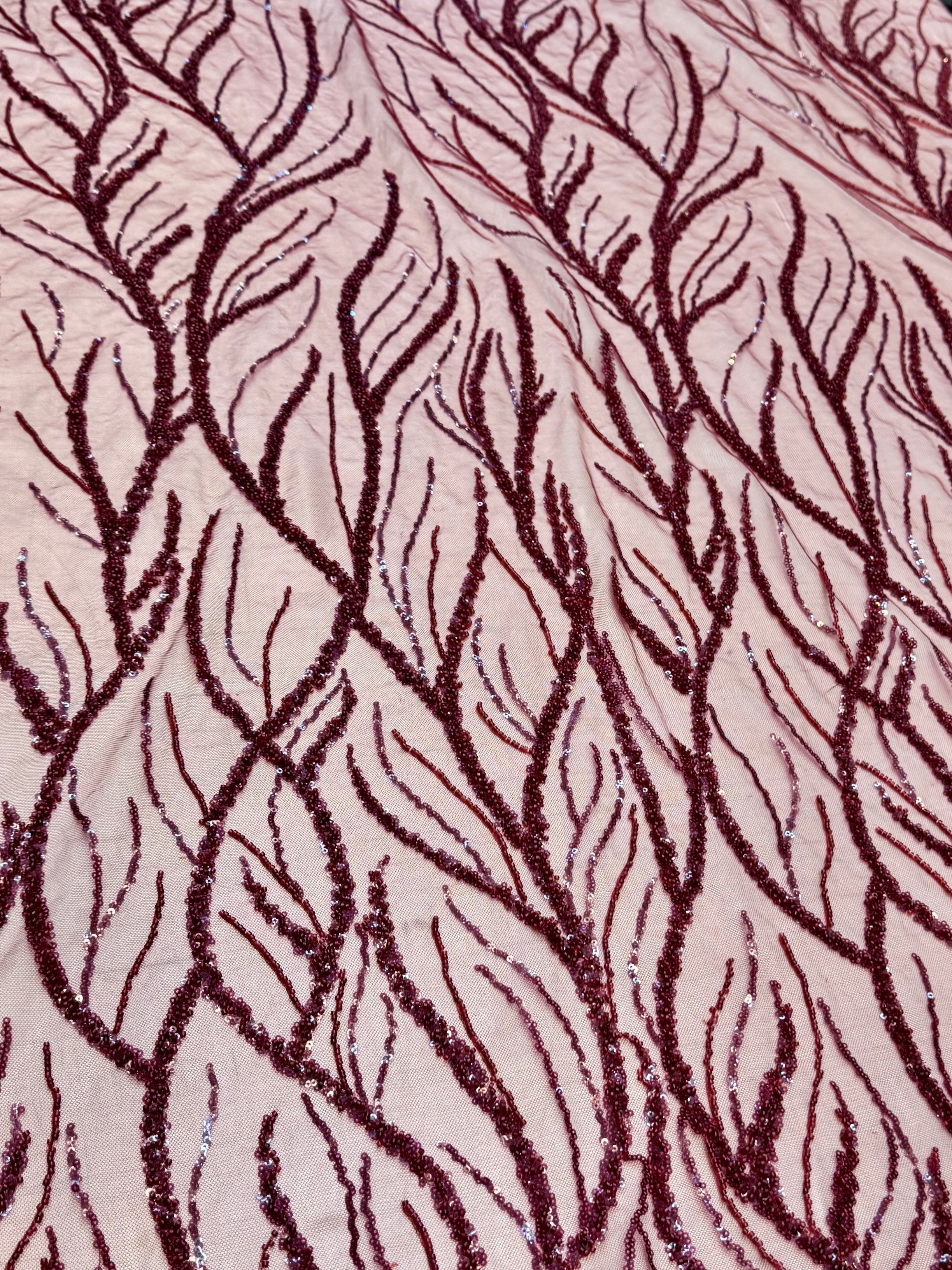 Burgundy Abstract Branch Beaded Sequin Lace on Mesh, Branch Lace Fabric, Beaded Sequin Lace, Sequin Mesh Lace, Beaded Lace Mesh, Abstract Lace Fabric, Embellished Lace Fabric