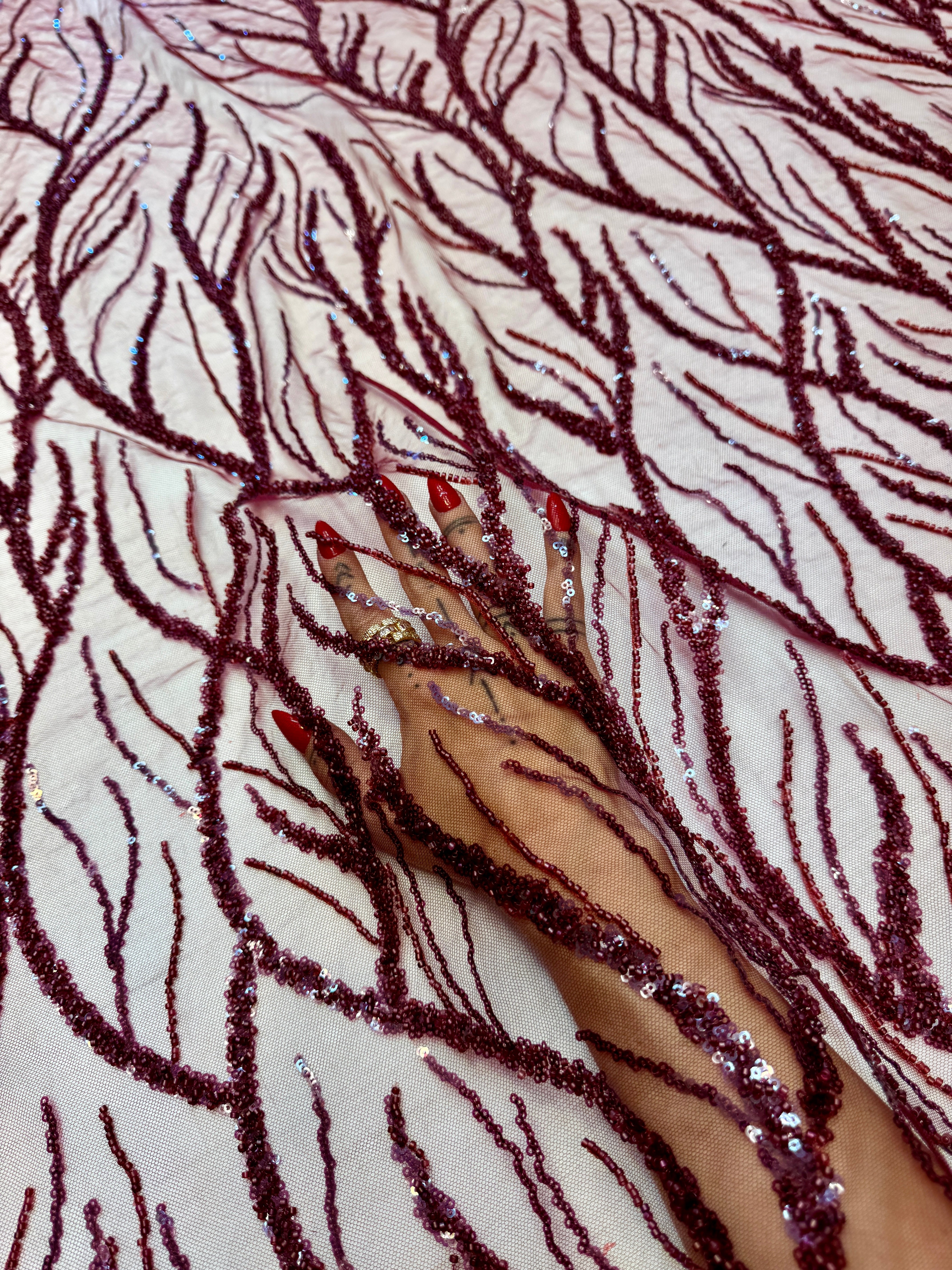 Burgundy Abstract Branch Beaded Sequin Lace on Mesh, Kiki Sewing Store, Kiki Luxury Fabric, Cheap Fabric Store, Kiki Textiles, Kiki Textile by the Yard, Kiki Textile USA
