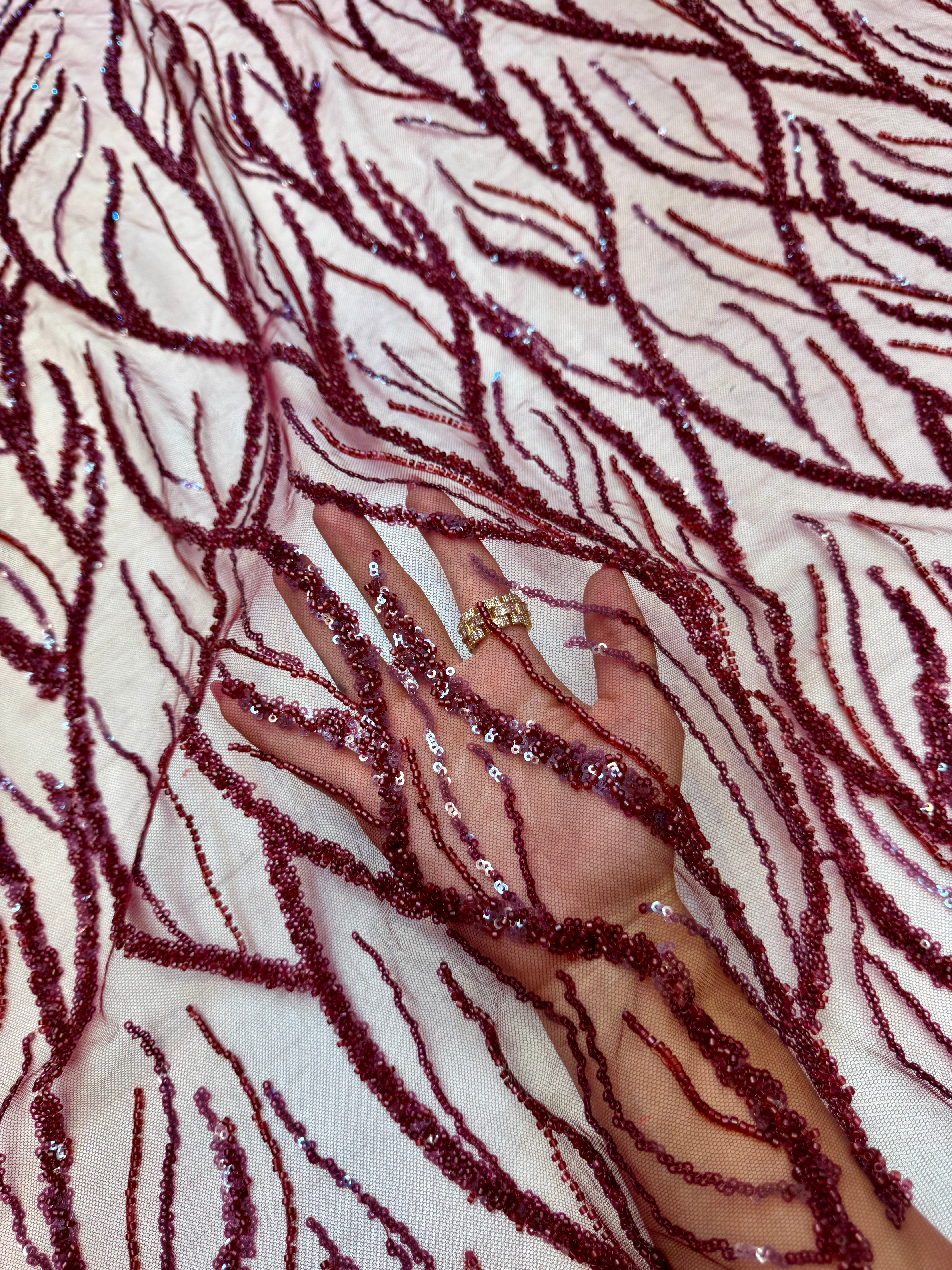Burgundy Abstract Branch Beaded Sequin Lace on Mesh, Kiki Sewing Store, Kiki Luxury Fabric, Cheap Fabric Store, Kiki Textiles, Kiki Textile by the Yard, Kiki Textile USA