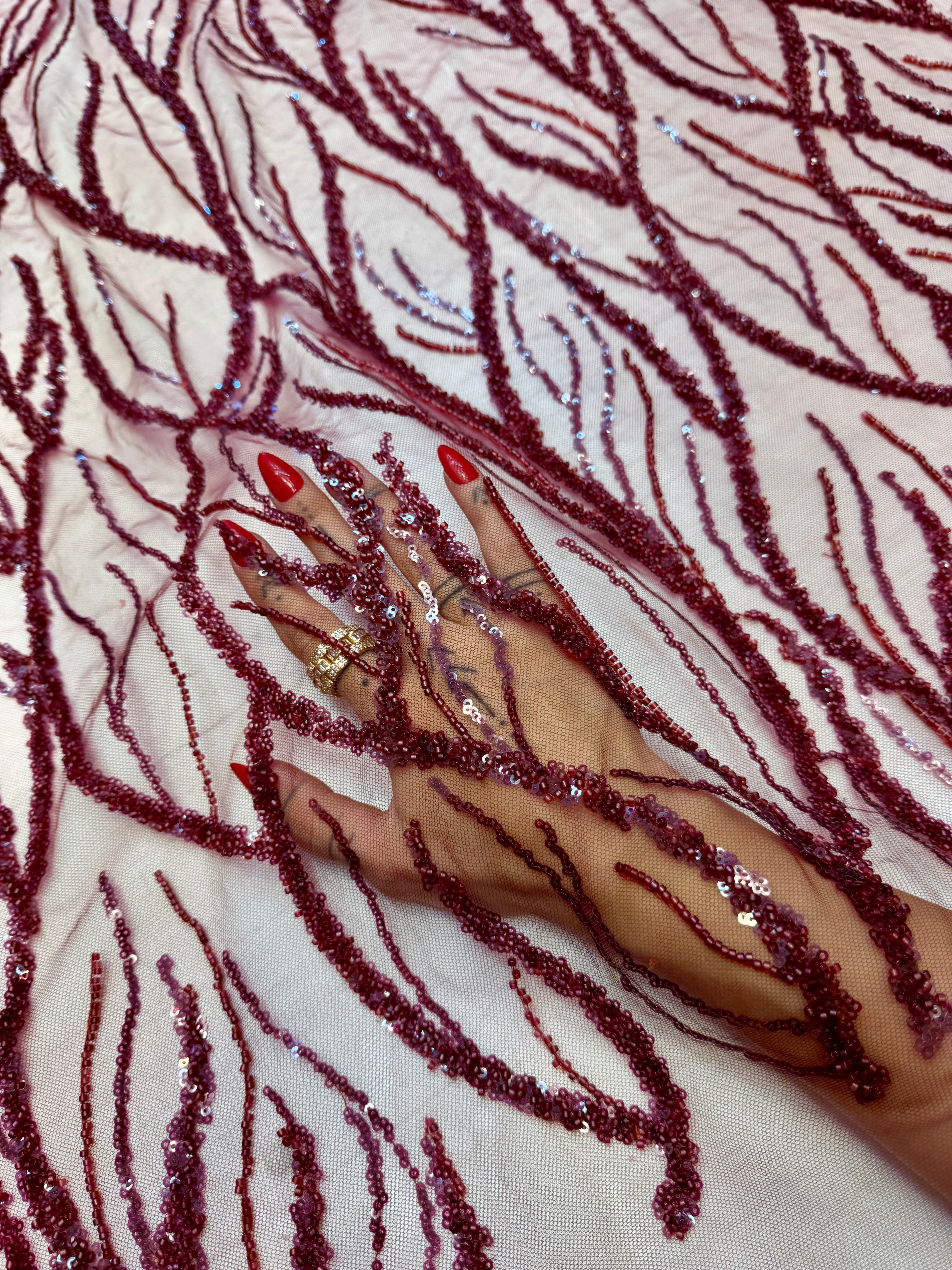 Burgundy Abstract Branch Beaded Sequin Lace on Mesh, Kiki Sewing Store, Kiki Luxury Fabric, Cheap Fabric Store, Kiki Textiles, Kiki Textile by the Yard, Kiki Textile USA