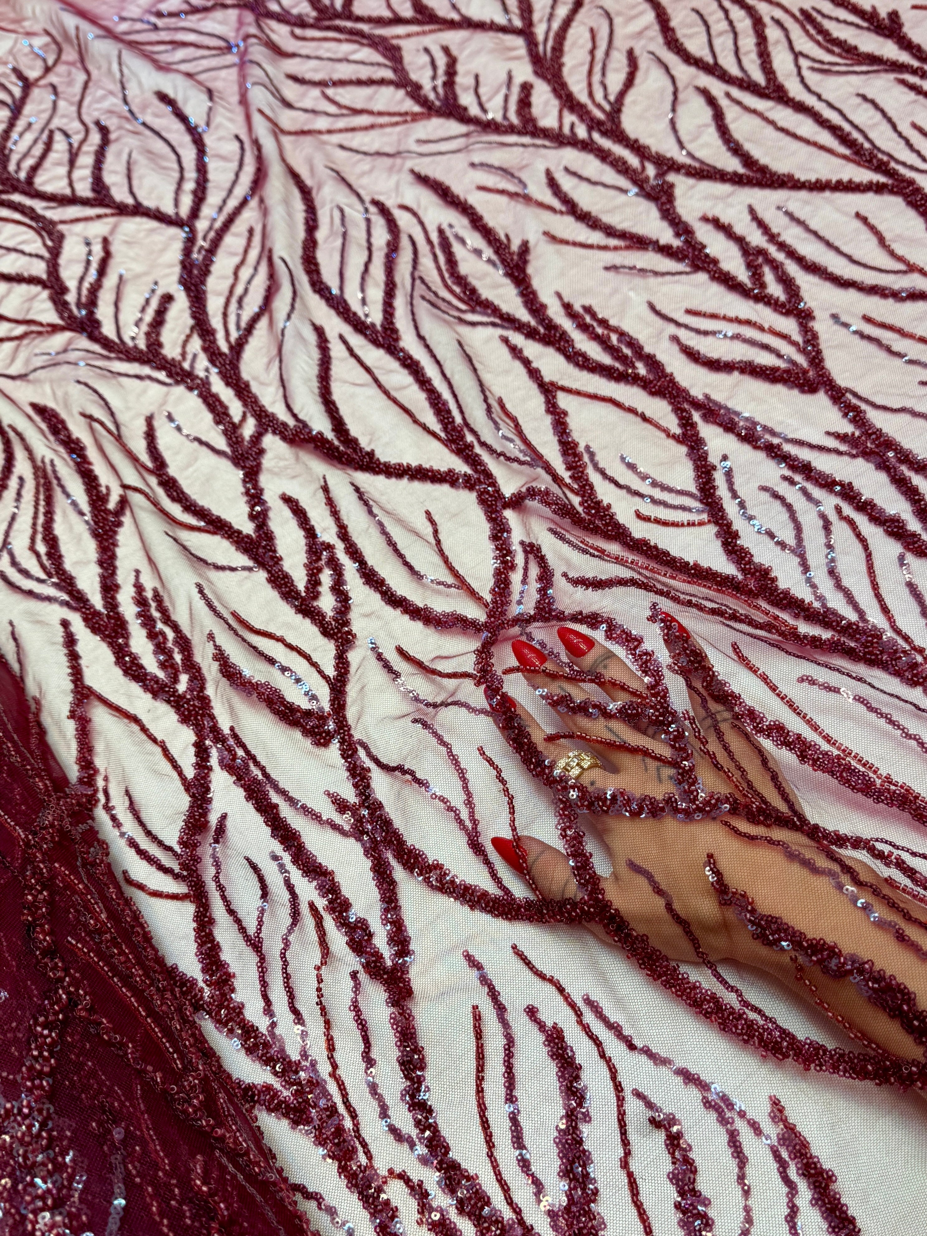 Burgundy Abstract Branch Beaded Sequin Lace on Mesh, Kiki Sewing Store, Kiki Luxury Fabric, Cheap Fabric Store, Kiki Textiles, Kiki Textile by the Yard, Kiki Textile USA