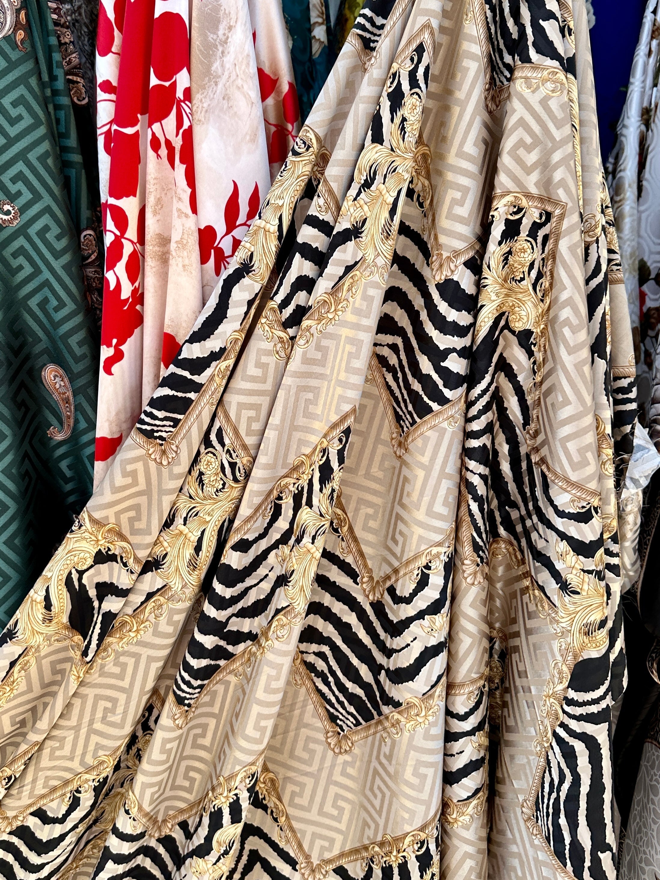 animal print satin, printed satin, multicolor satin, satin for woman, satin for party wear, premium satin, satin on sale, buy satin online
