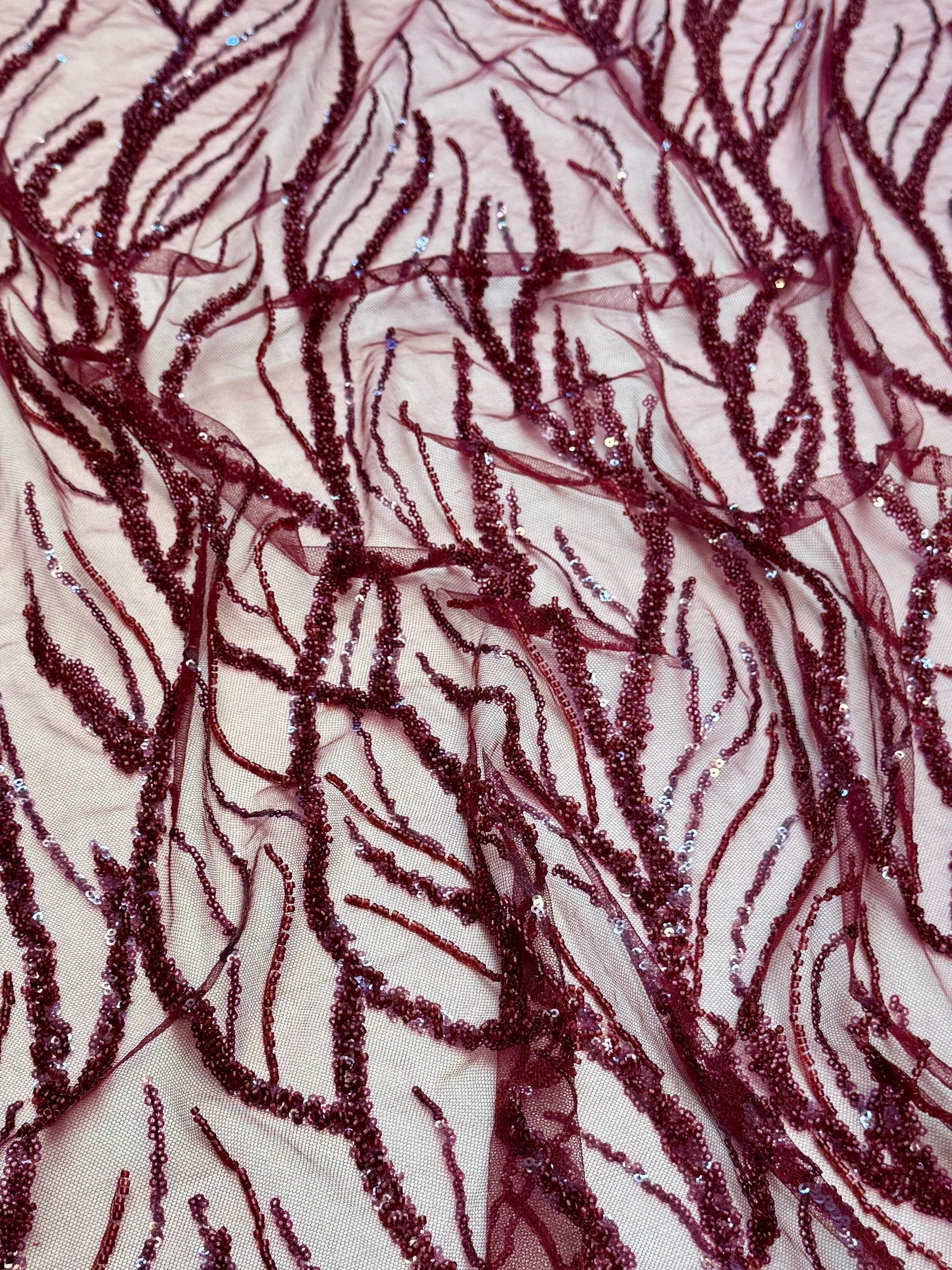 Burgundy Abstract Branch Beaded Sequin Lace on Mesh, Branch Lace Fabric, Beaded Sequin Lace, Sequin Mesh Lace, Beaded Lace Mesh, Abstract Lace Fabric, Embellished Lace Fabric