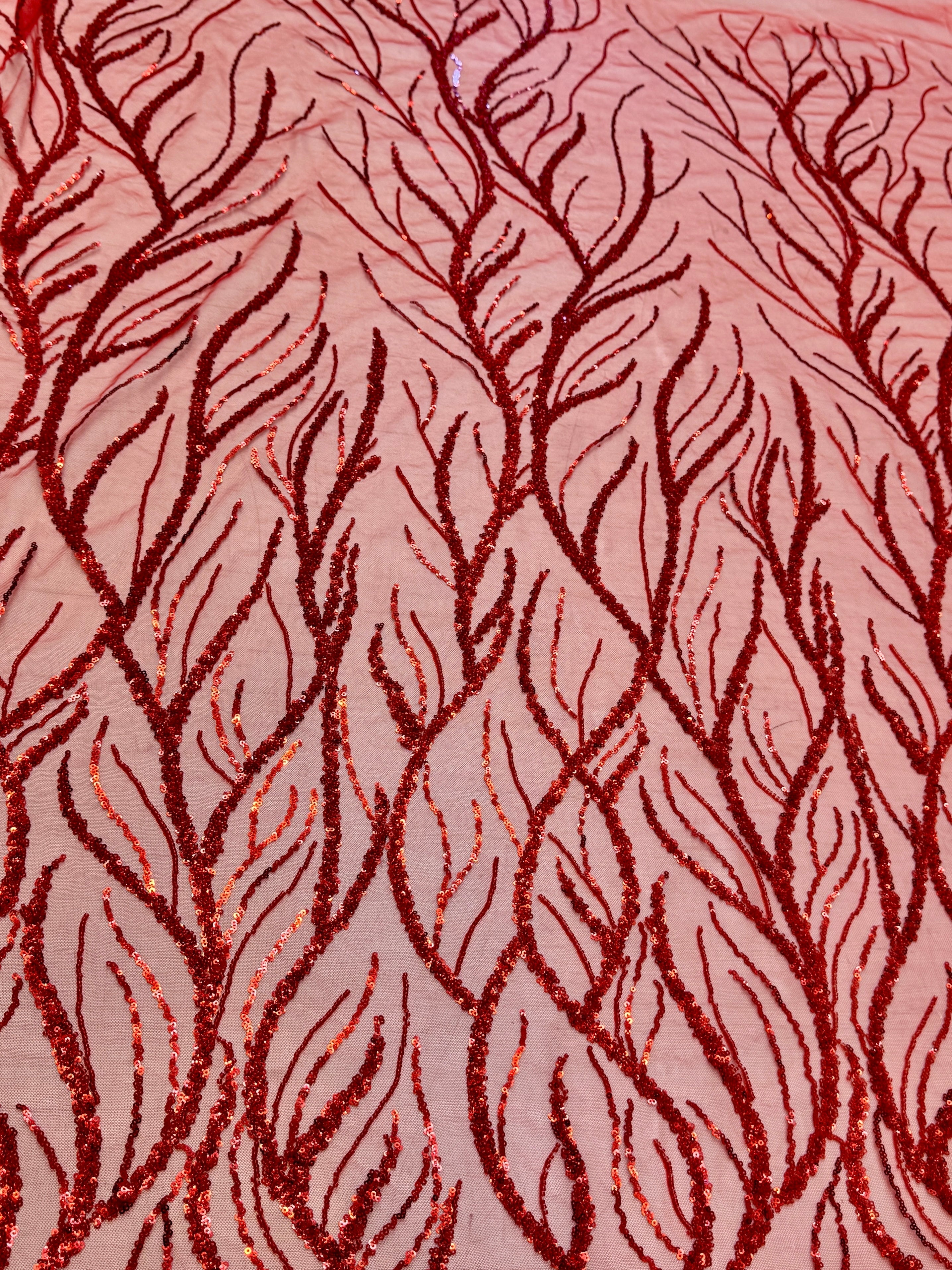 Red Abstract Branch Beaded Sequin Lace on Mesh, Branch Lace Fabric, Beaded Sequin Lace, Sequin Mesh Lace, Beaded Lace Mesh, Abstract Lace Fabric, Embellished Lace Fabric