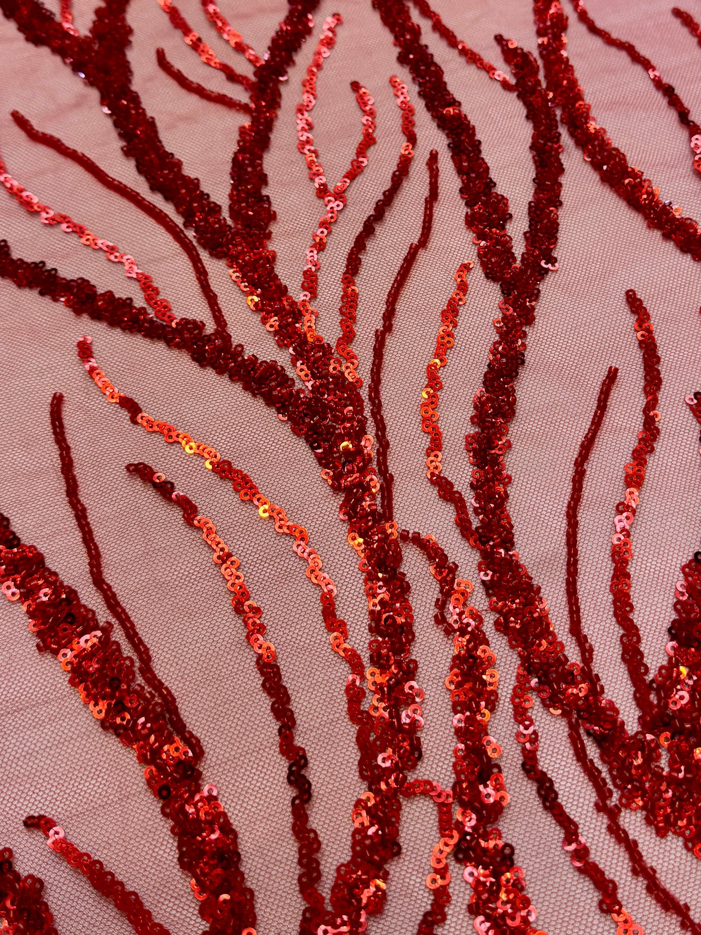 Red Abstract Branch Beaded Sequin Lace on Mesh, Branch Lace Fabric, Beaded Sequin Lace, Sequin Mesh Lace, Beaded Lace Mesh, Abstract Lace Fabric, Embellished Lace Fabric