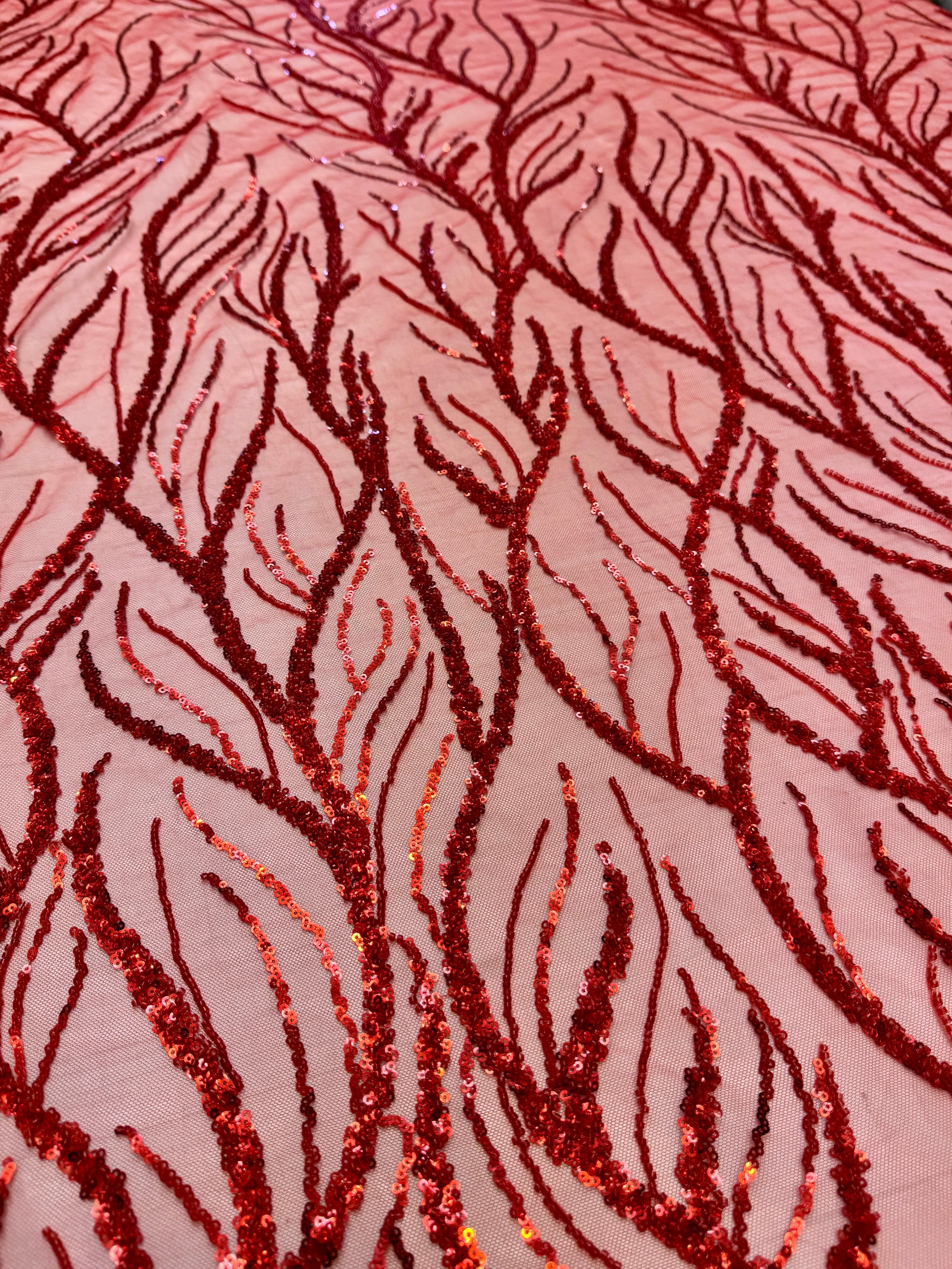 Red Abstract Branch Beaded Sequin Lace on Mesh, Kiki Sewing Store, Kiki Luxury Fabric, Cheap Fabric Store, Kiki Textiles, Kiki Textile by the Yard, Kiki Textile USA