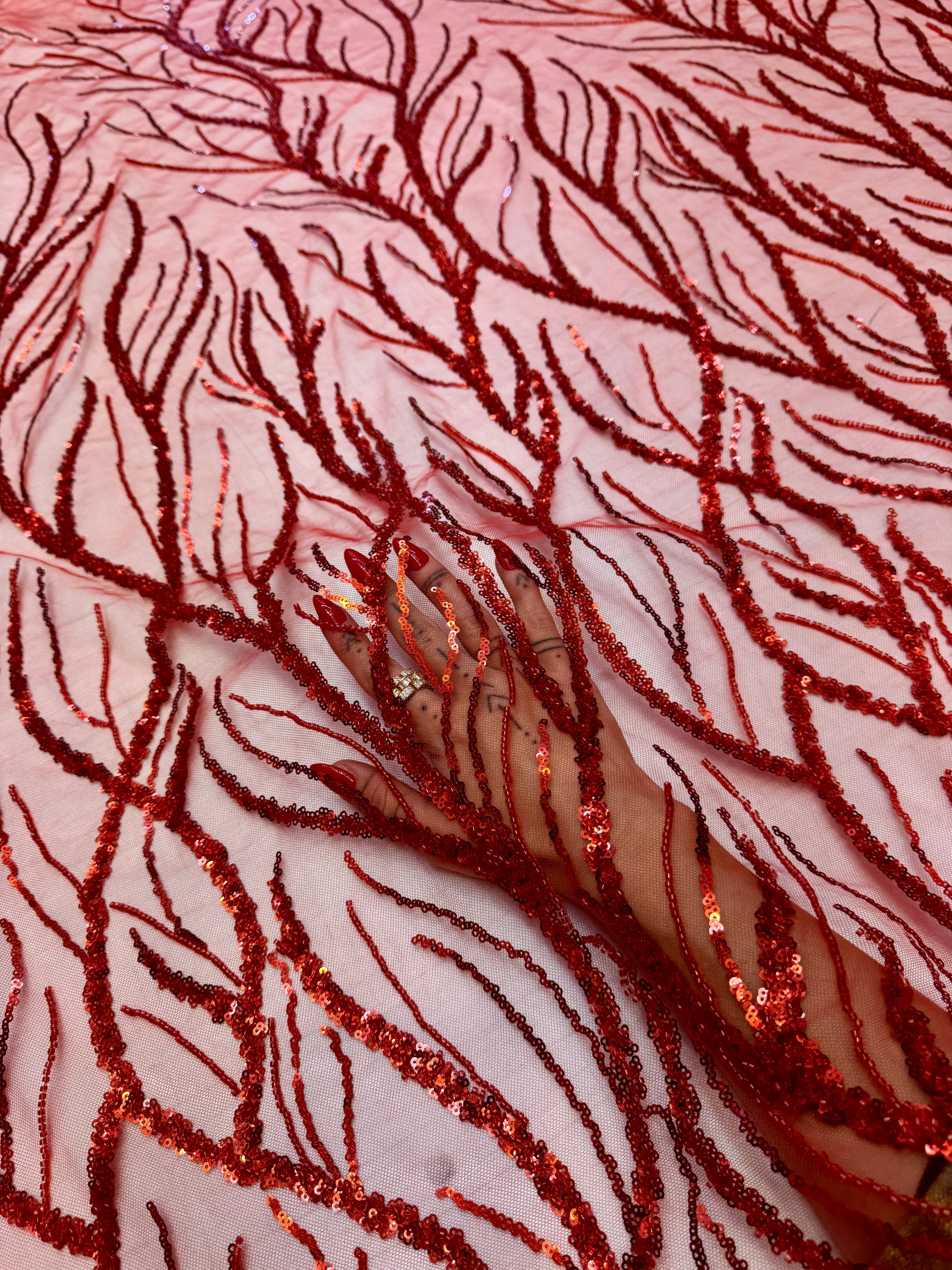 Red Abstract Branch Beaded Sequin Lace on Mesh, Kiki Sewing Store, Kiki Luxury Fabric, Cheap Fabric Store, Kiki Textiles, Kiki Textile by the Yard, Kiki Textile USA