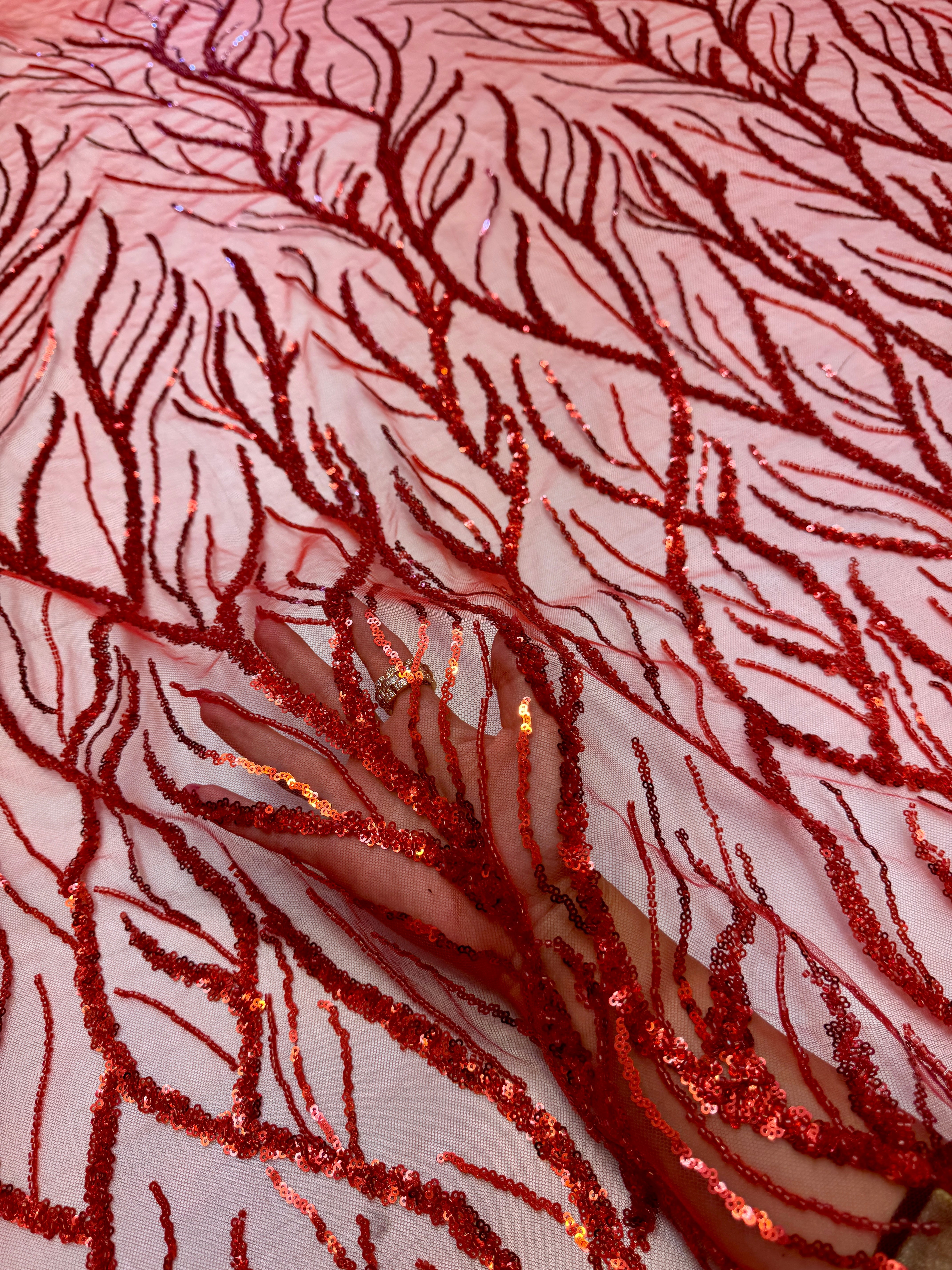 Red Abstract Branch Beaded Sequin Lace on Mesh, Kiki Sewing Store, Kiki Luxury Fabric, Cheap Fabric Store, Kiki Textiles, Kiki Textile by the Yard, Kiki Textile USA