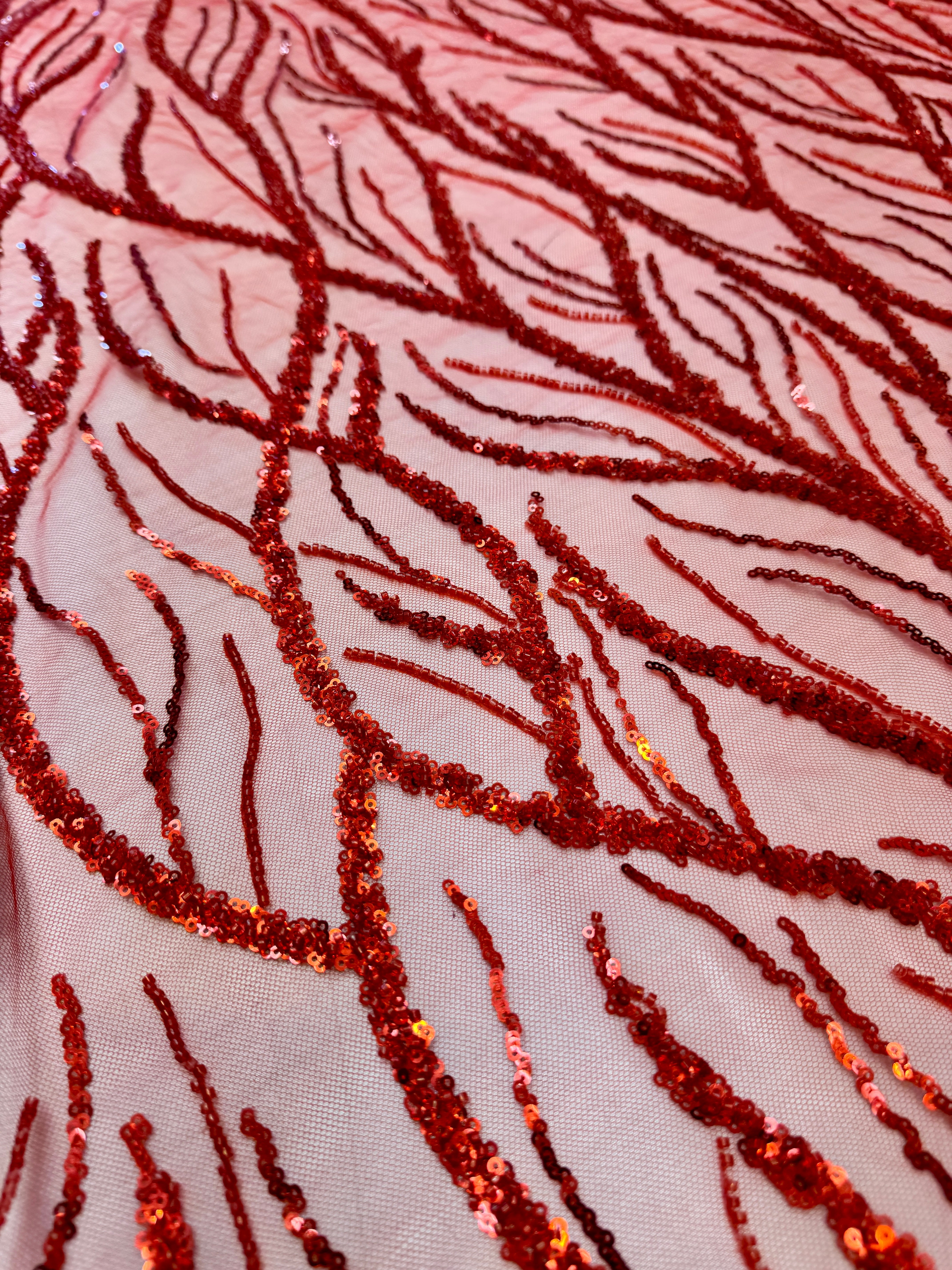 Red Abstract Branch Beaded Sequin Lace on Mesh, Kiki Sewing Store, Kiki Luxury Fabric, Cheap Fabric Store, Kiki Textiles, Kiki Textile by the Yard, Kiki Textile USA