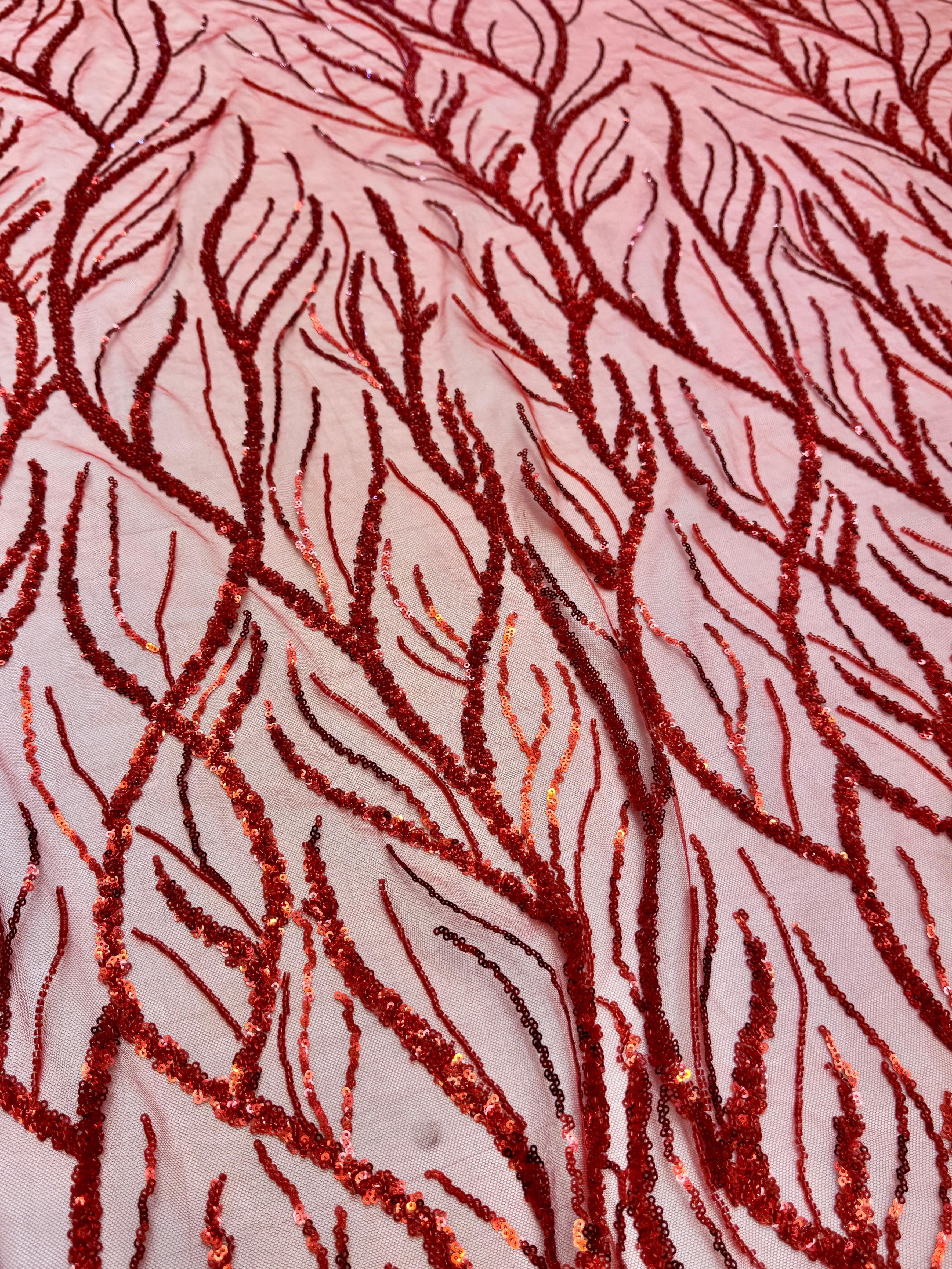 Red Abstract Branch Beaded Sequin Lace on Mesh, Branch Lace Fabric, Beaded Sequin Lace, Sequin Mesh Lace, Beaded Lace Mesh, Abstract Lace Fabric, Embellished Lace Fabric