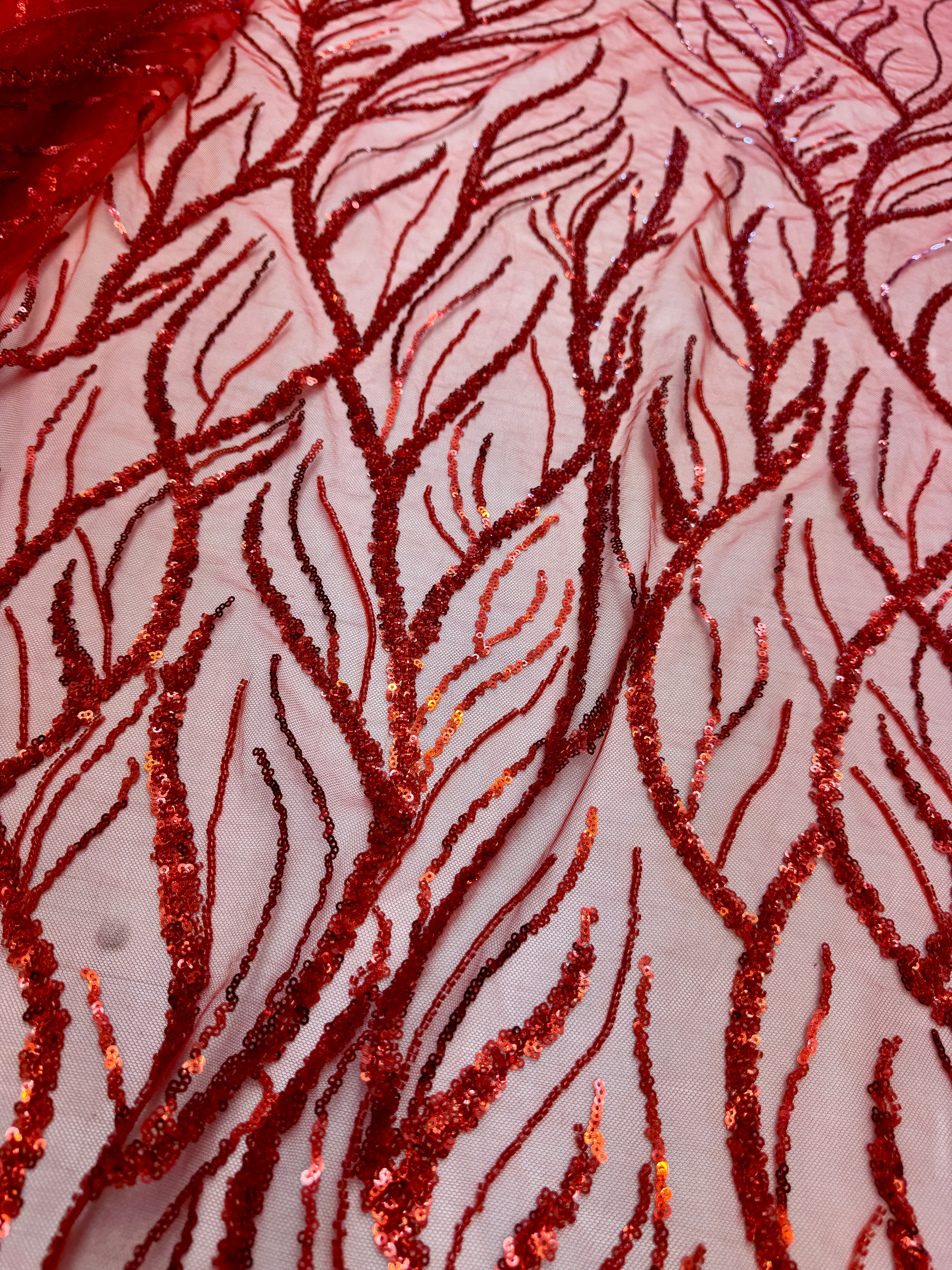 Red Abstract Branch Beaded Sequin Lace on Mesh, Branch Lace Fabric, Beaded Sequin Lace, Sequin Mesh Lace, Beaded Lace Mesh, Abstract Lace Fabric, Embellished Lace Fabric