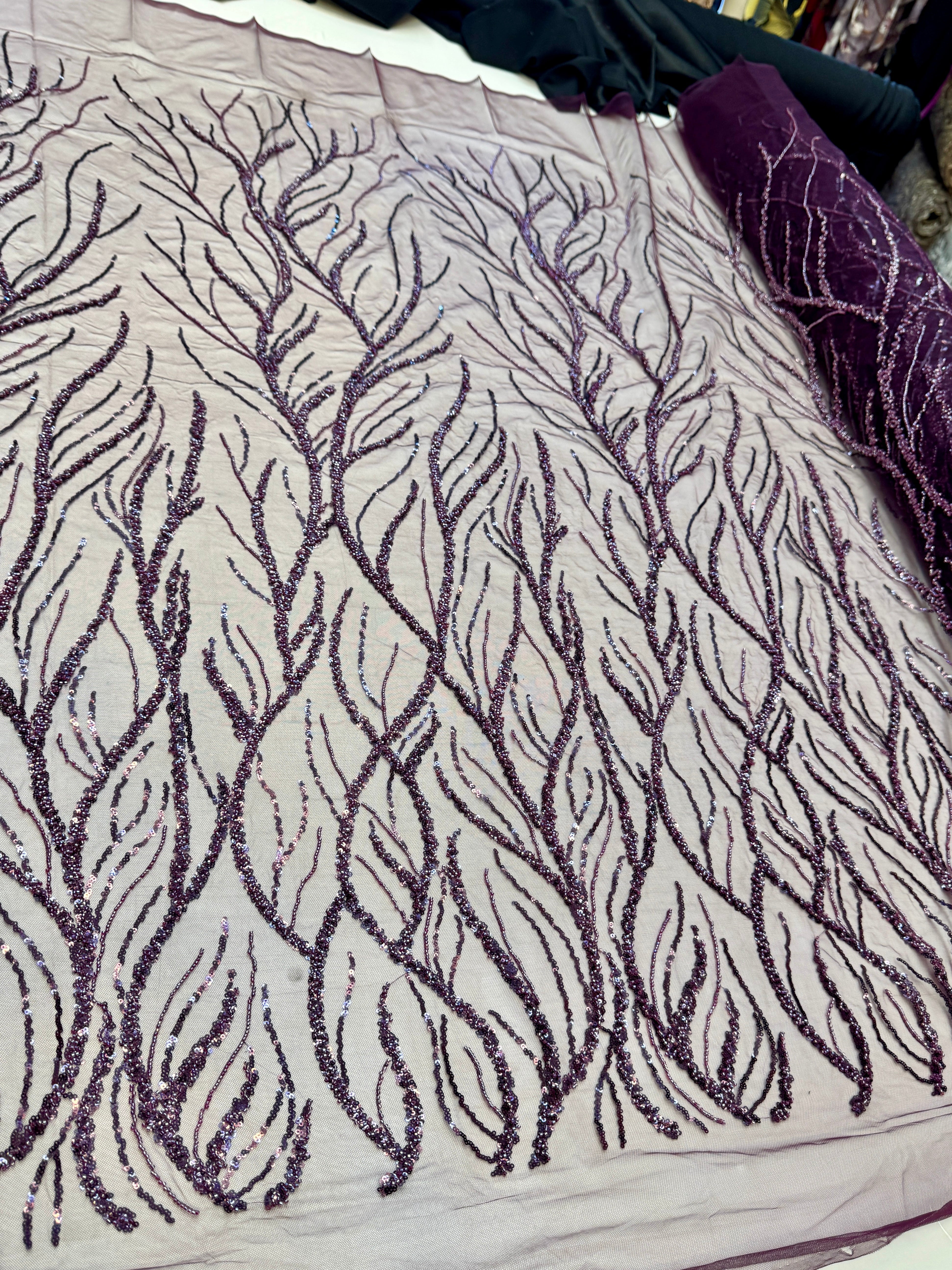 Lavender Abstract Branch Beaded Sequin Lace on Mesh, Branch Lace Fabric, Beaded Sequin Lace, Sequin Mesh Lace, Beaded Lace Mesh, Abstract Lace Fabric, Embellished Lace Fabric