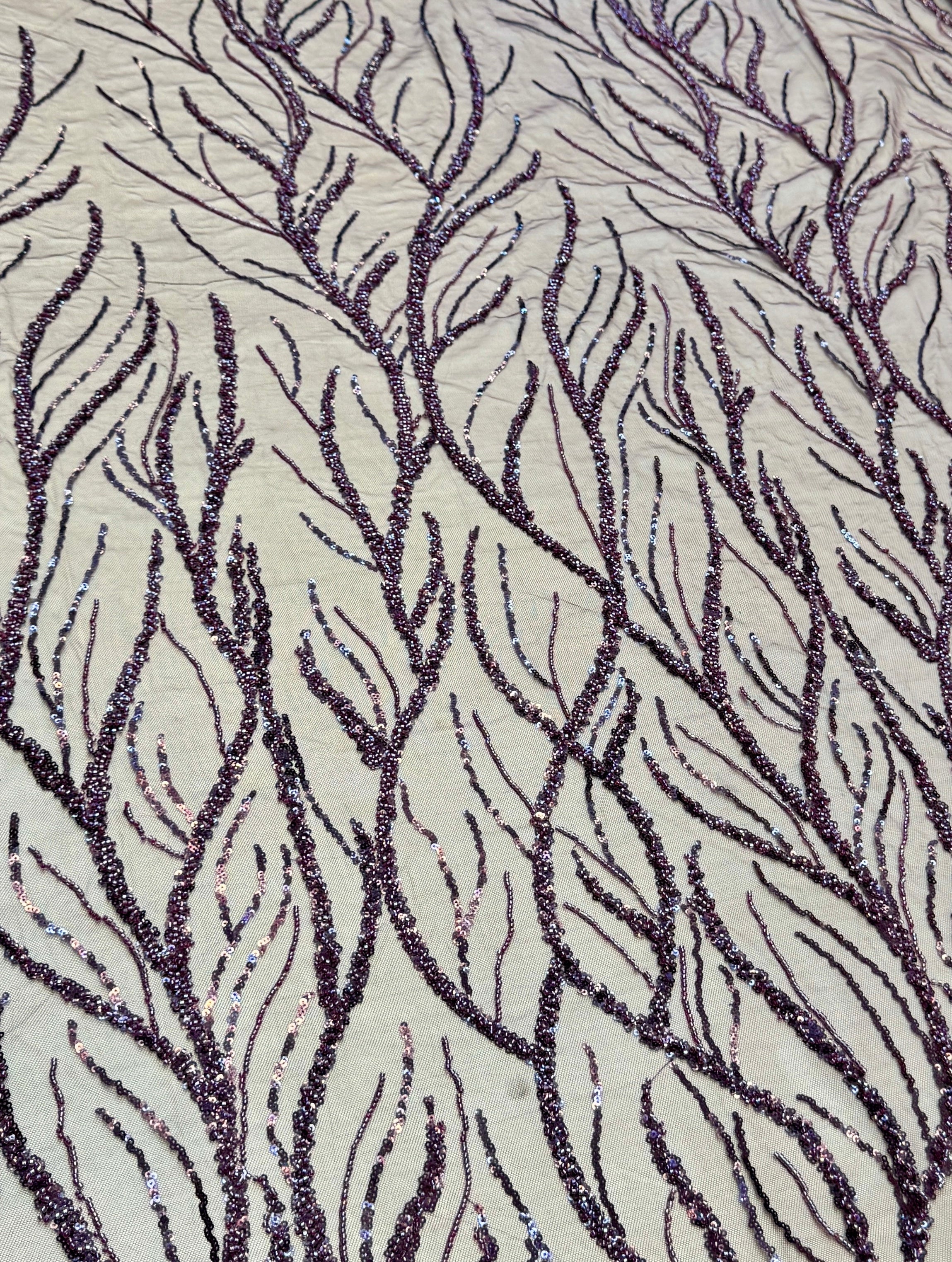 Lavender Abstract Branch Beaded Sequin Lace on Mesh, Branch Lace Fabric, Beaded Sequin Lace, Sequin Mesh Lace, Beaded Lace Mesh, Abstract Lace Fabric, Embellished Lace Fabric