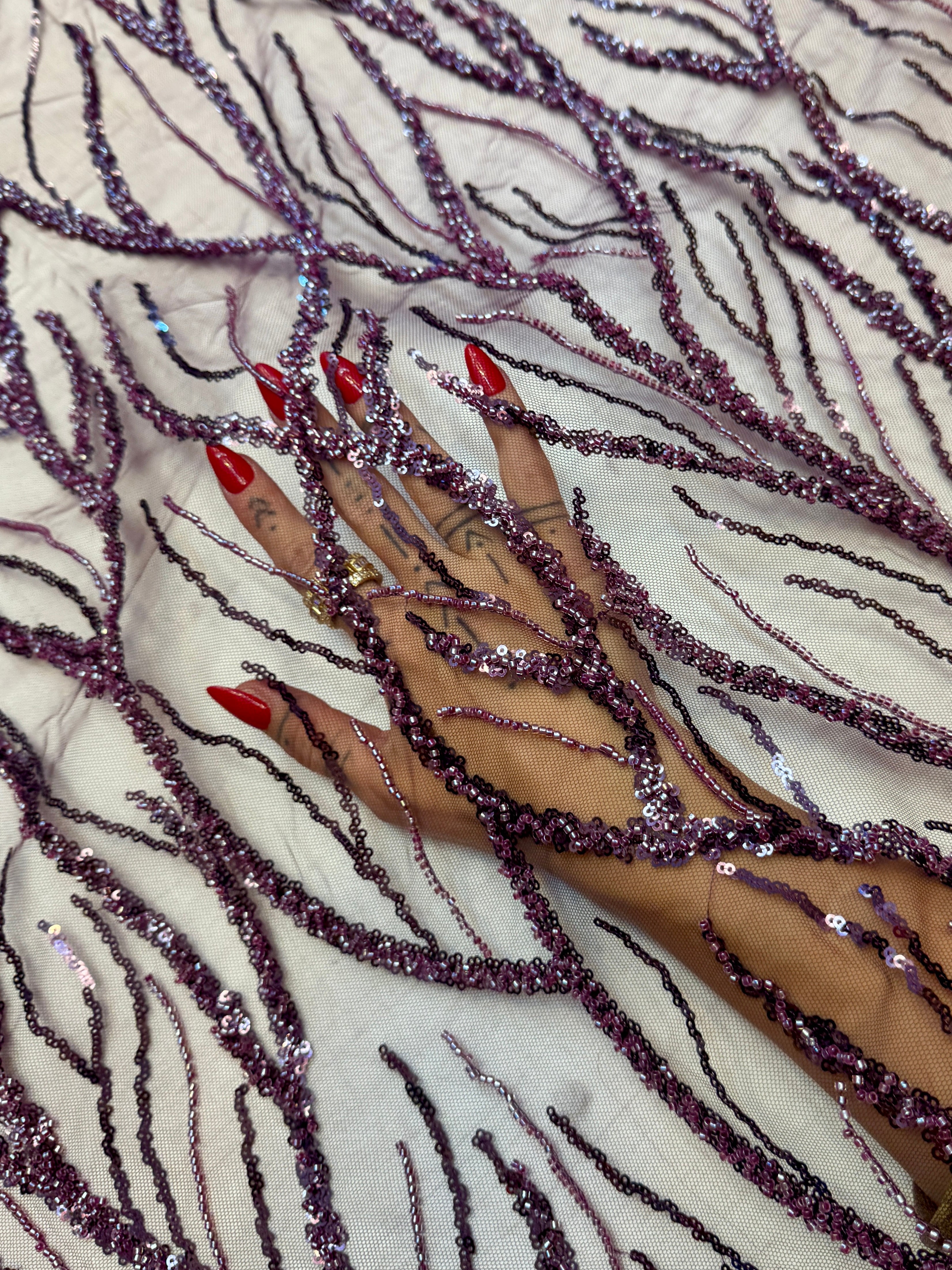 Lavender Abstract Branch Beaded Sequin Lace on Mesh, Kiki Sewing Store, Kiki Luxury Fabric, Cheap Fabric Store, Kiki Textiles, Kiki Textile by the Yard, Kiki Textile USA