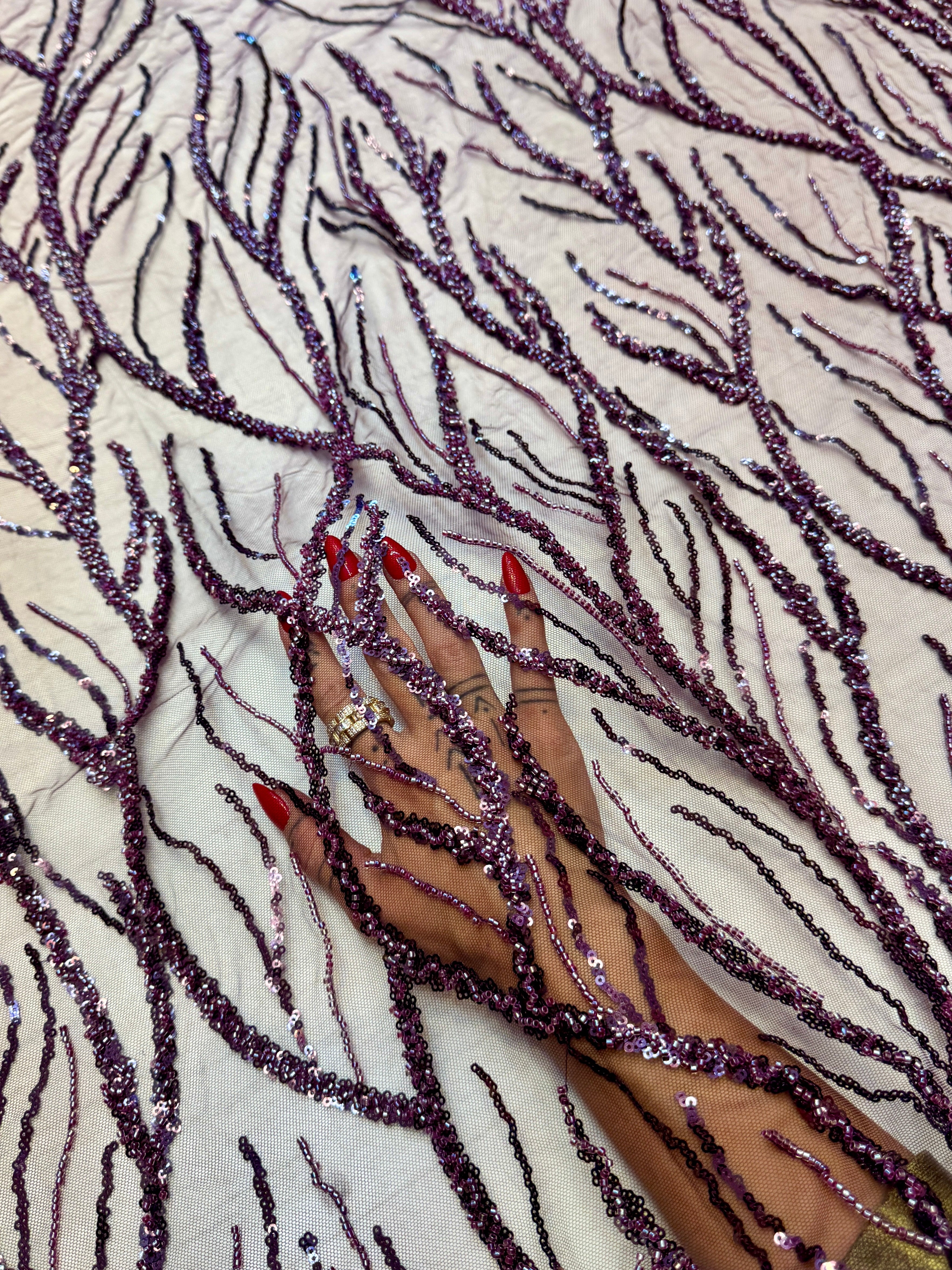Lavender Abstract Branch Beaded Sequin Lace on Mesh, Kiki Sewing Store, Kiki Luxury Fabric, Cheap Fabric Store, Kiki Textiles, Kiki Textile by the Yard, Kiki Textile USA