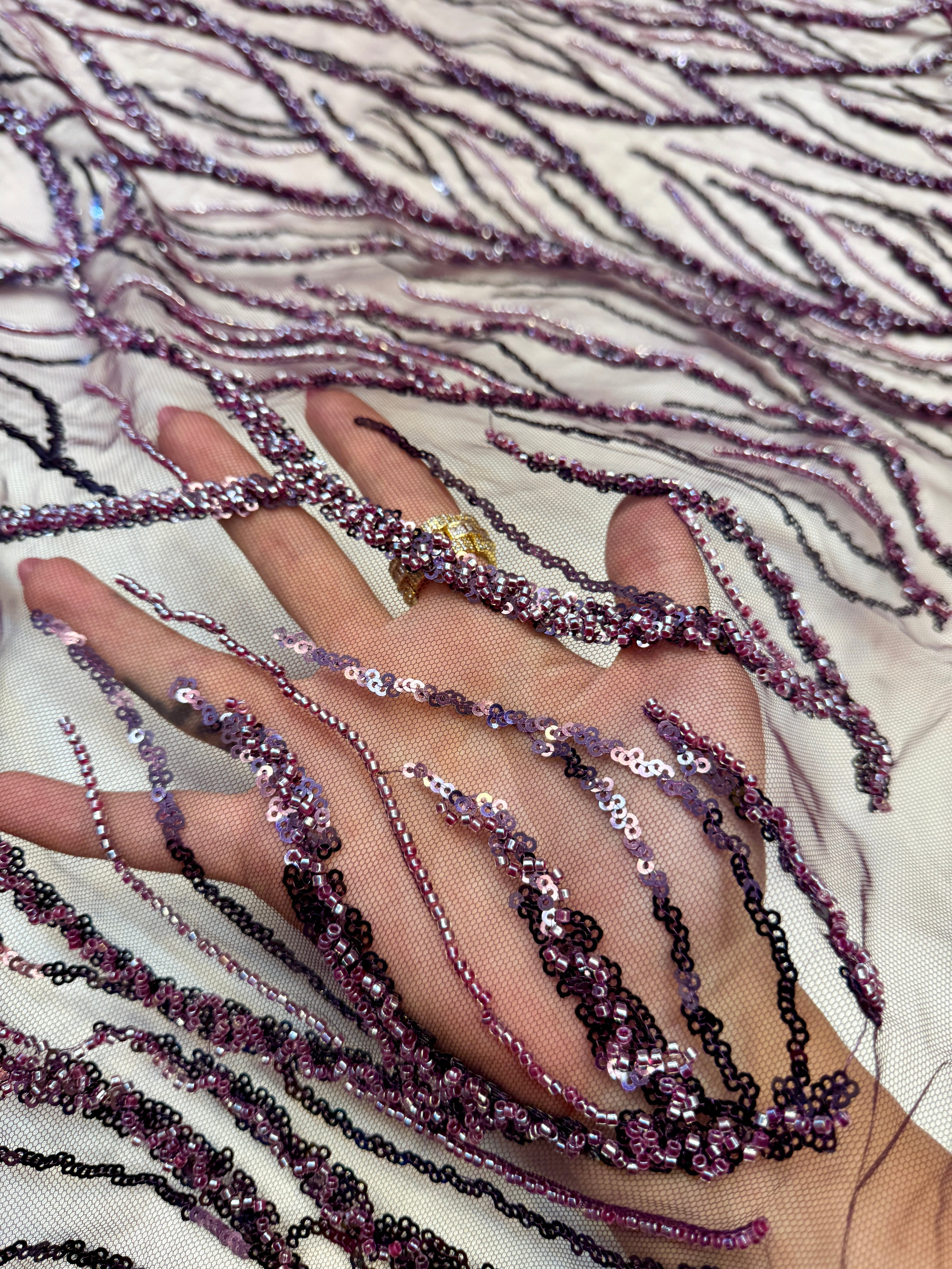 Lavender Abstract Branch Beaded Sequin Lace on Mesh, Kiki Sewing Store, Kiki Luxury Fabric, Cheap Fabric Store, Kiki Textiles, Kiki Textile by the Yard, Kiki Textile USA