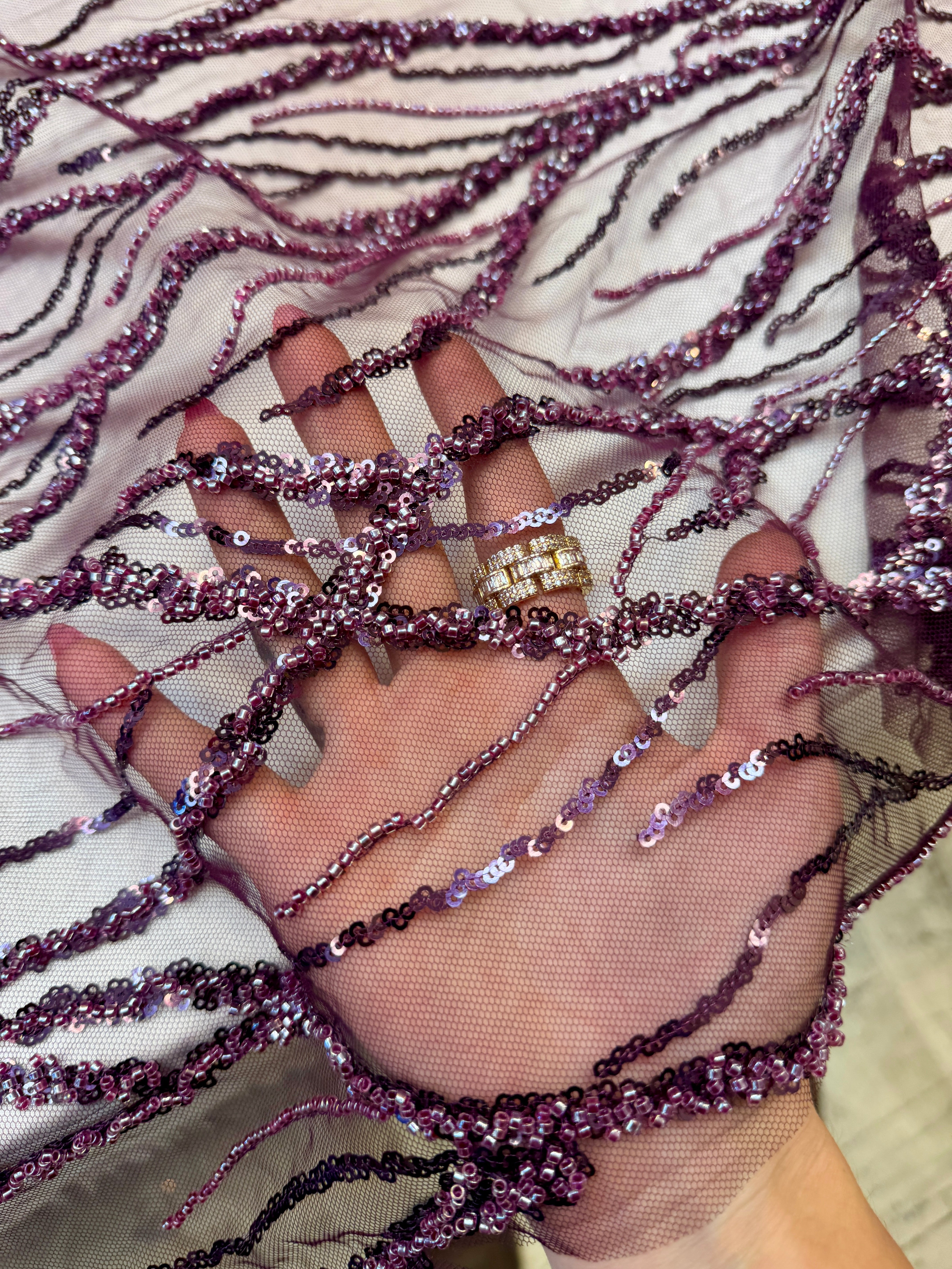 Lavender Abstract Branch Beaded Sequin Lace on Mesh, Kiki Sewing Store, Kiki Luxury Fabric, Cheap Fabric Store, Kiki Textiles, Kiki Textile by the Yard, Kiki Textile USA