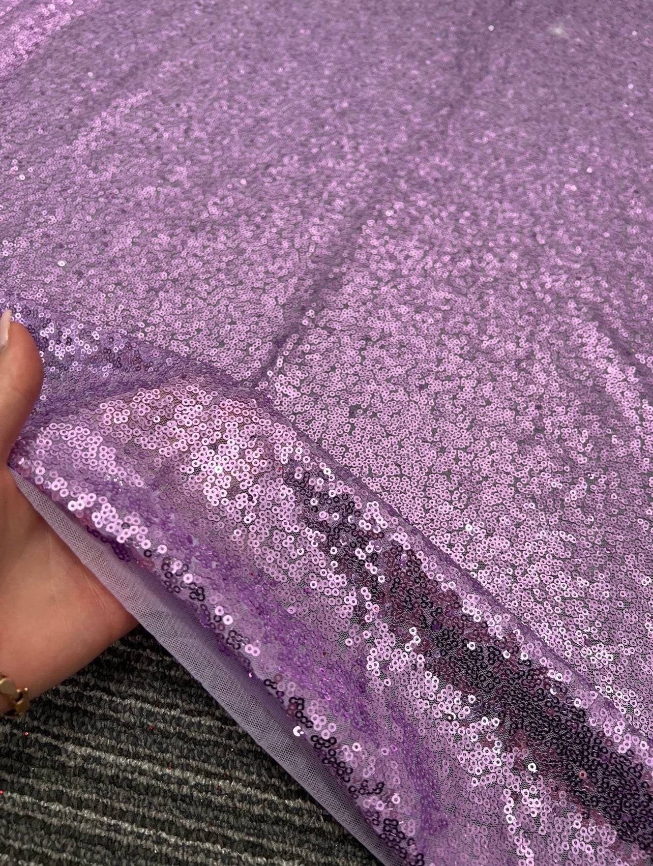 Lavender Sequin on Mesh, purple Sequin on Mesh, purple Sequin, eco-friendly fabric, pure Sequin on Mesh fabric, stretch sequin mesh, sequin fabric, kiki textiles, sewing
