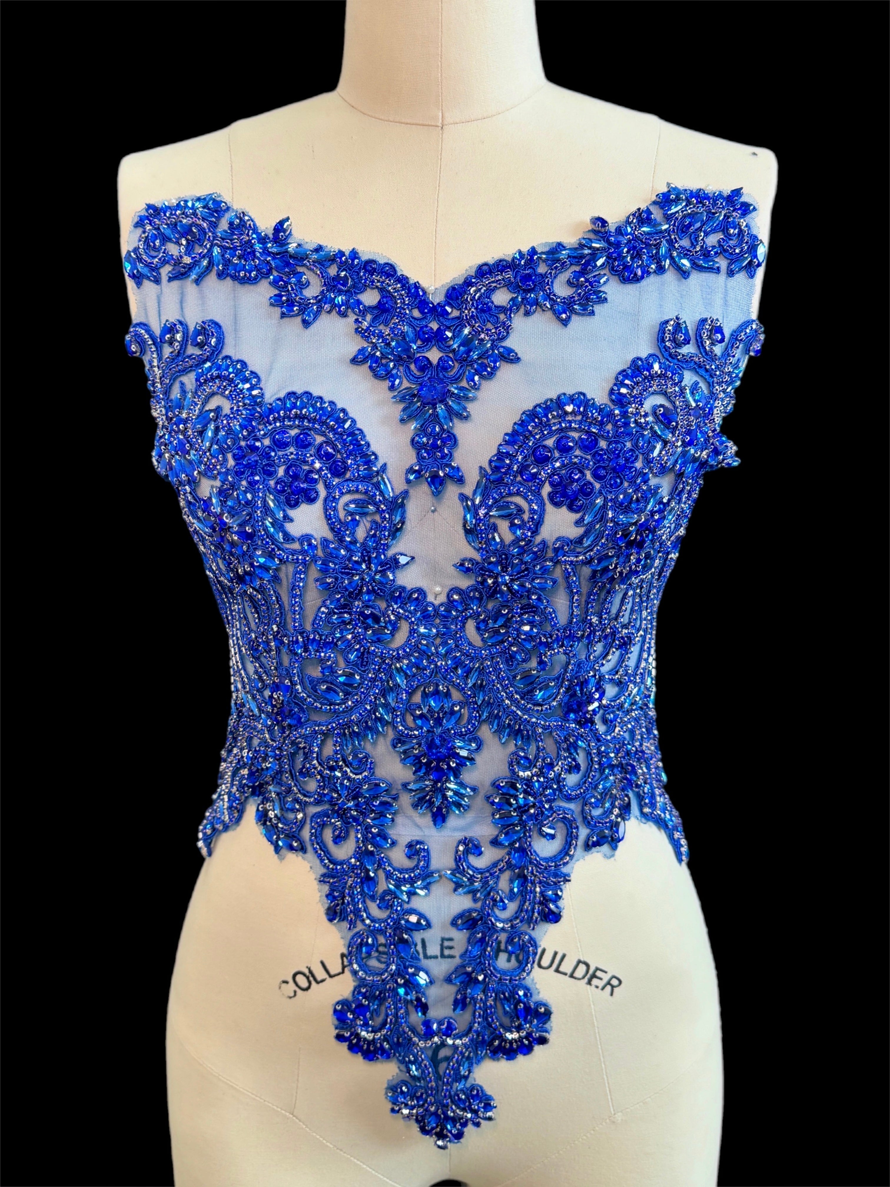 Alex Royal Blue Rhinestone Bodice Applique, dark blue rhinestone, blue rhinestone, light blue rhinestone  