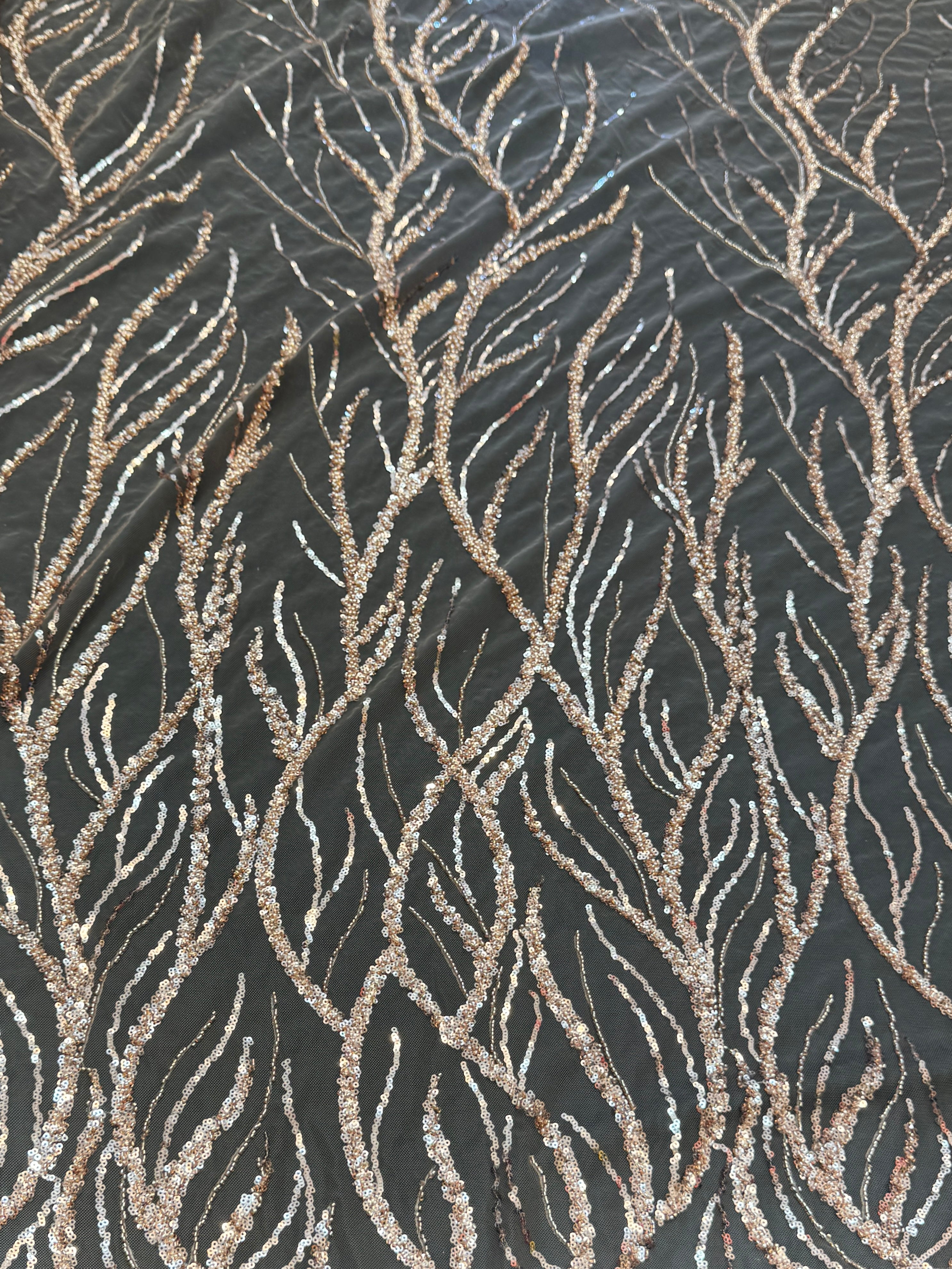 Gold Abstract Branch Beaded Sequin Lace on Mesh, Branch Lace Fabric, Beaded Sequin Lace, Sequin Mesh Lace, Beaded Lace Mesh, Abstract Lace Fabric, Embellished Lace Fabric