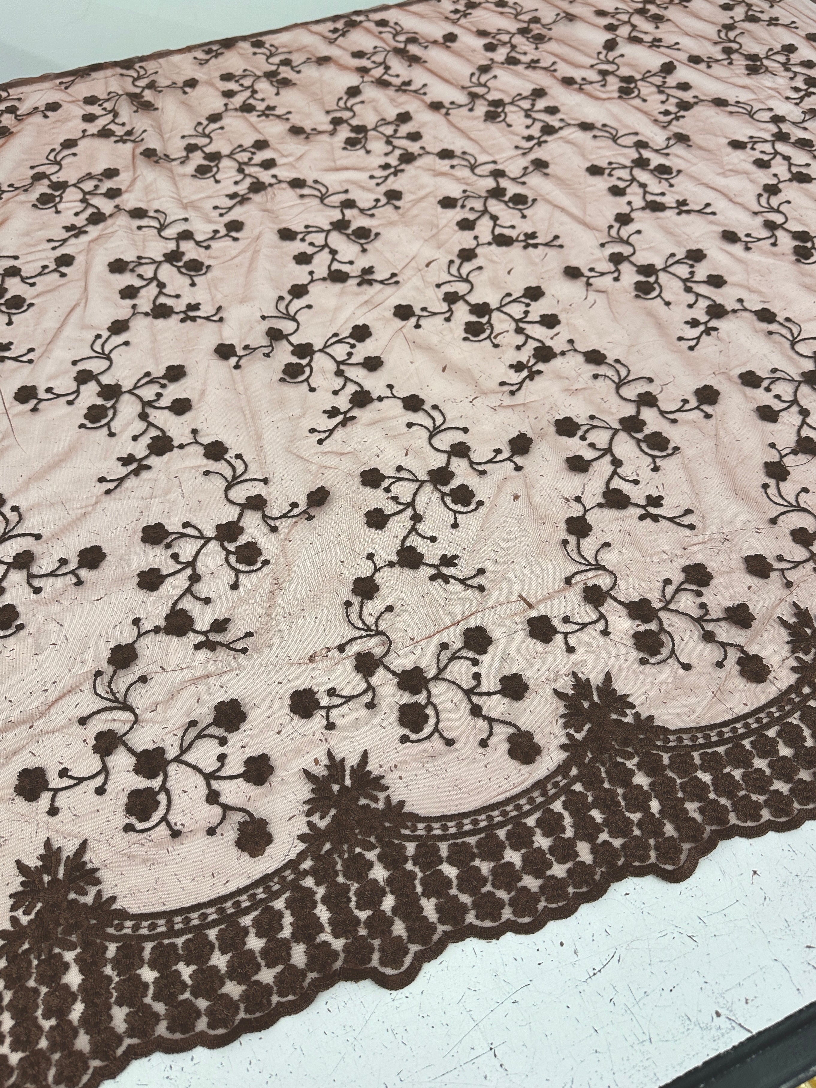 brown Scalloped Embroidery floral Lace, dark brown Scallop Embroidery floral Lace, light brown Scallop Embroidery Lace, Scalloped Embroidery floral Lace for woman, Scalloped Embroidery floral Lace for bride, Scalloped Embroidery floralLace for gown, Scallop Embroidery Lace in low price, premium Scallop Embroidery Lace, cheap Scallop Embroidery Lace