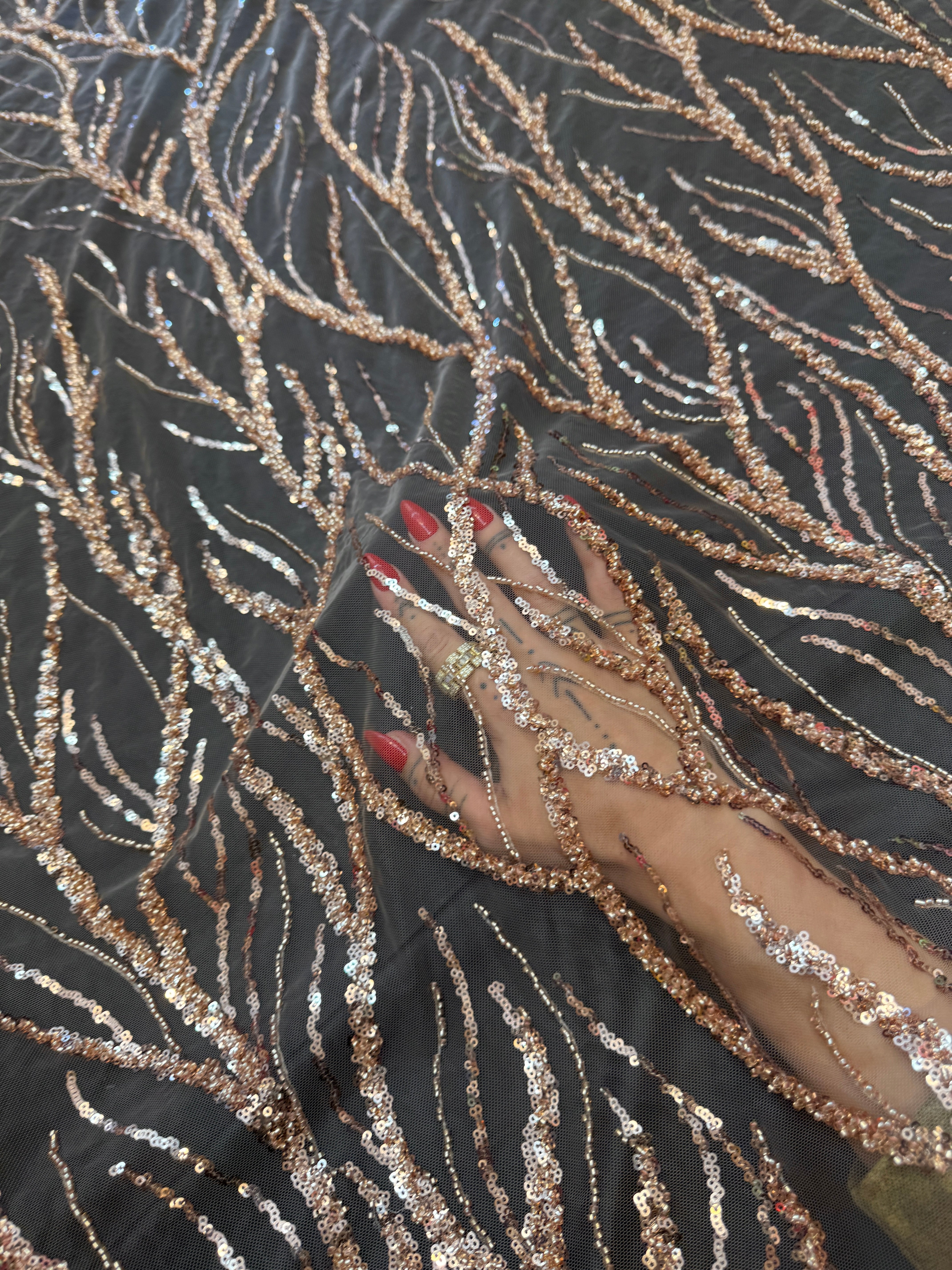 Gold Abstract Branch Beaded Sequin Lace on Mesh, Kiki Sewing Store, Kiki Luxury Fabric, Cheap Fabric Store, Kiki Textiles, Kiki Textile by the Yard, Kiki Textile USA