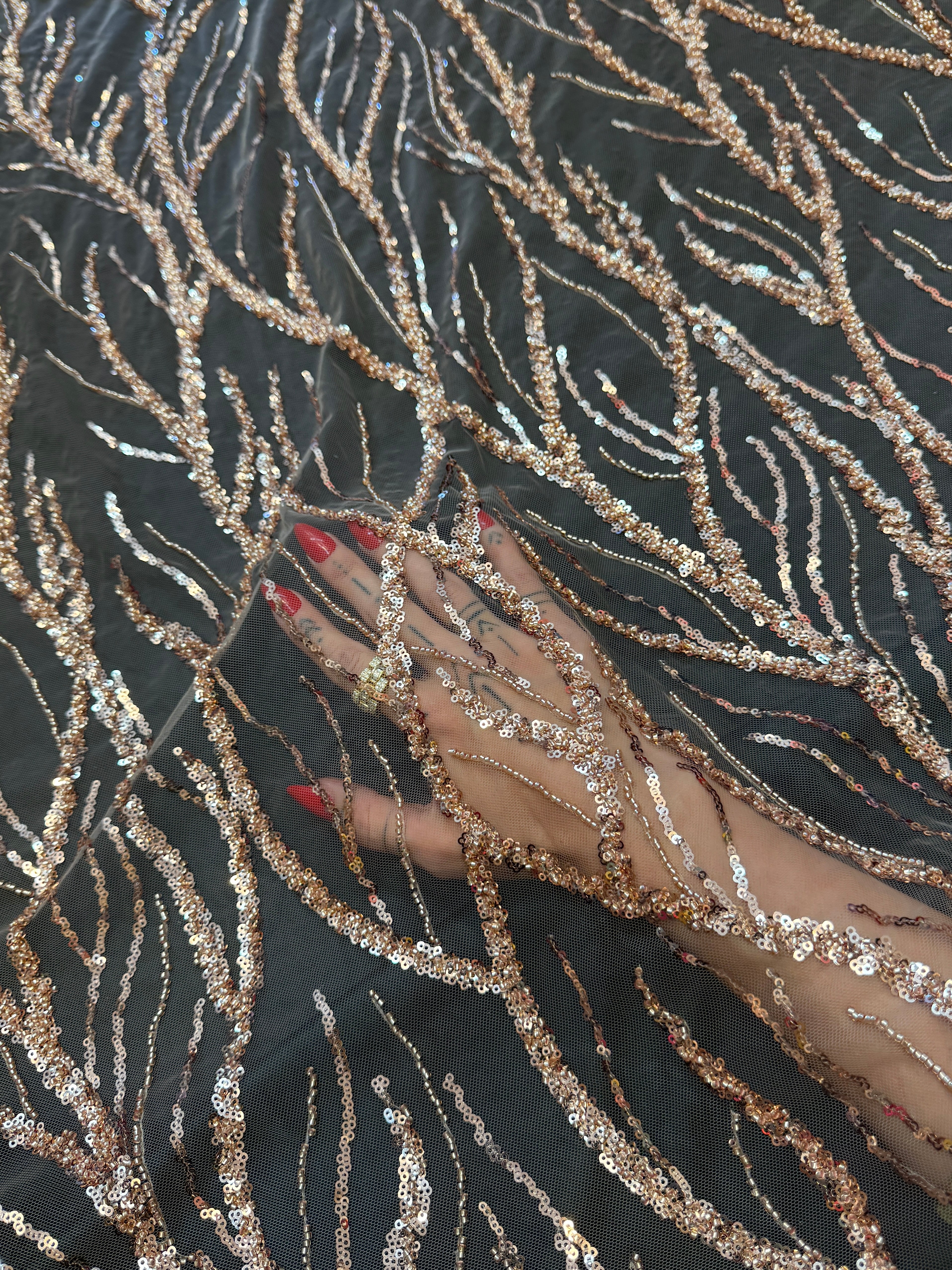 Gold Abstract Branch Beaded Sequin Lace on Mesh, Kiki Sewing Store, Kiki Luxury Fabric, Cheap Fabric Store, Kiki Textiles, Kiki Textile by the Yard, Kiki Textile USA