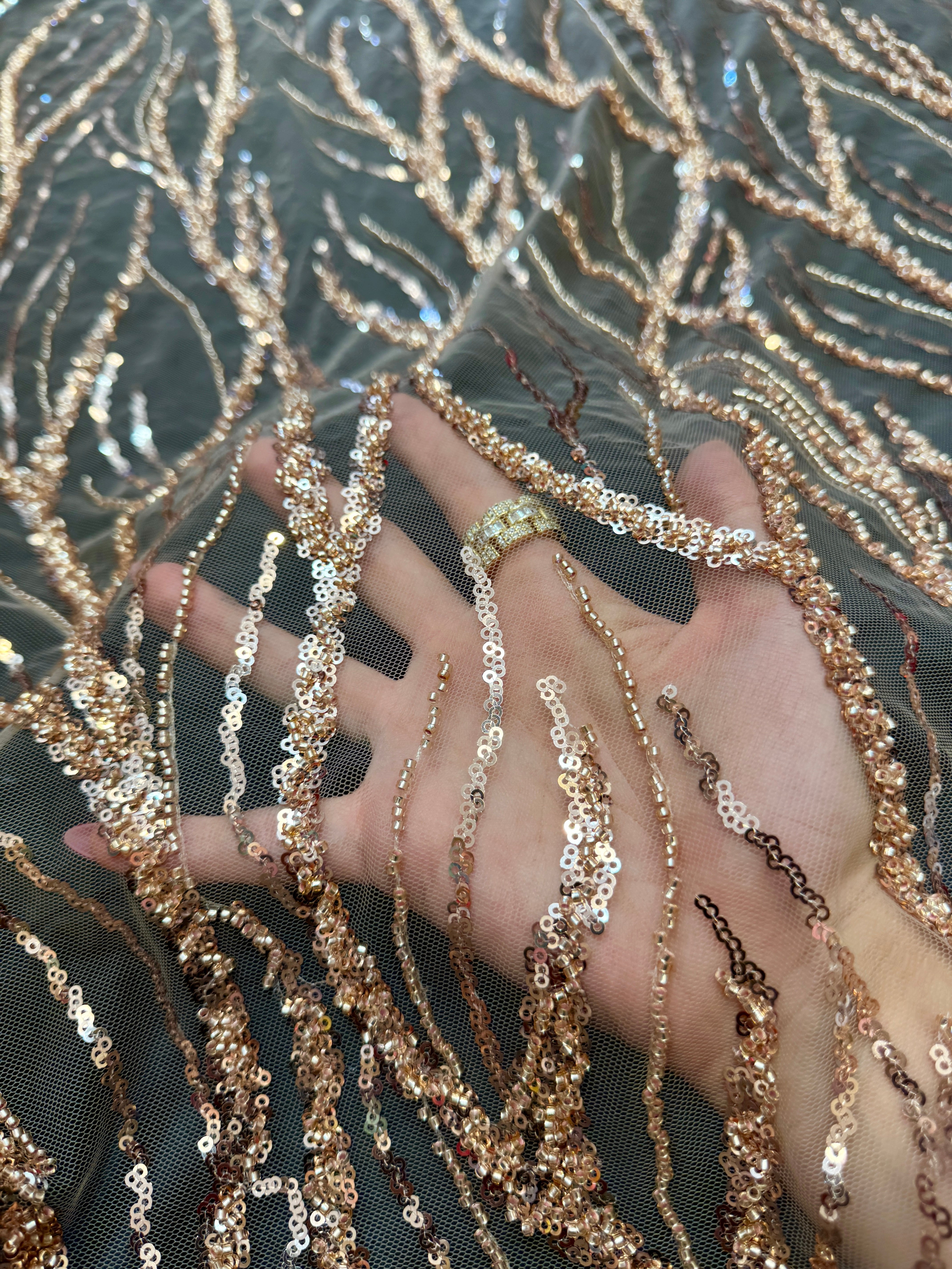 Gold Abstract Branch Beaded Sequin Lace on Mesh, Kiki Sewing Store, Kiki Luxury Fabric, Cheap Fabric Store, Kiki Textiles, Kiki Textile by the Yard, Kiki Textile USA