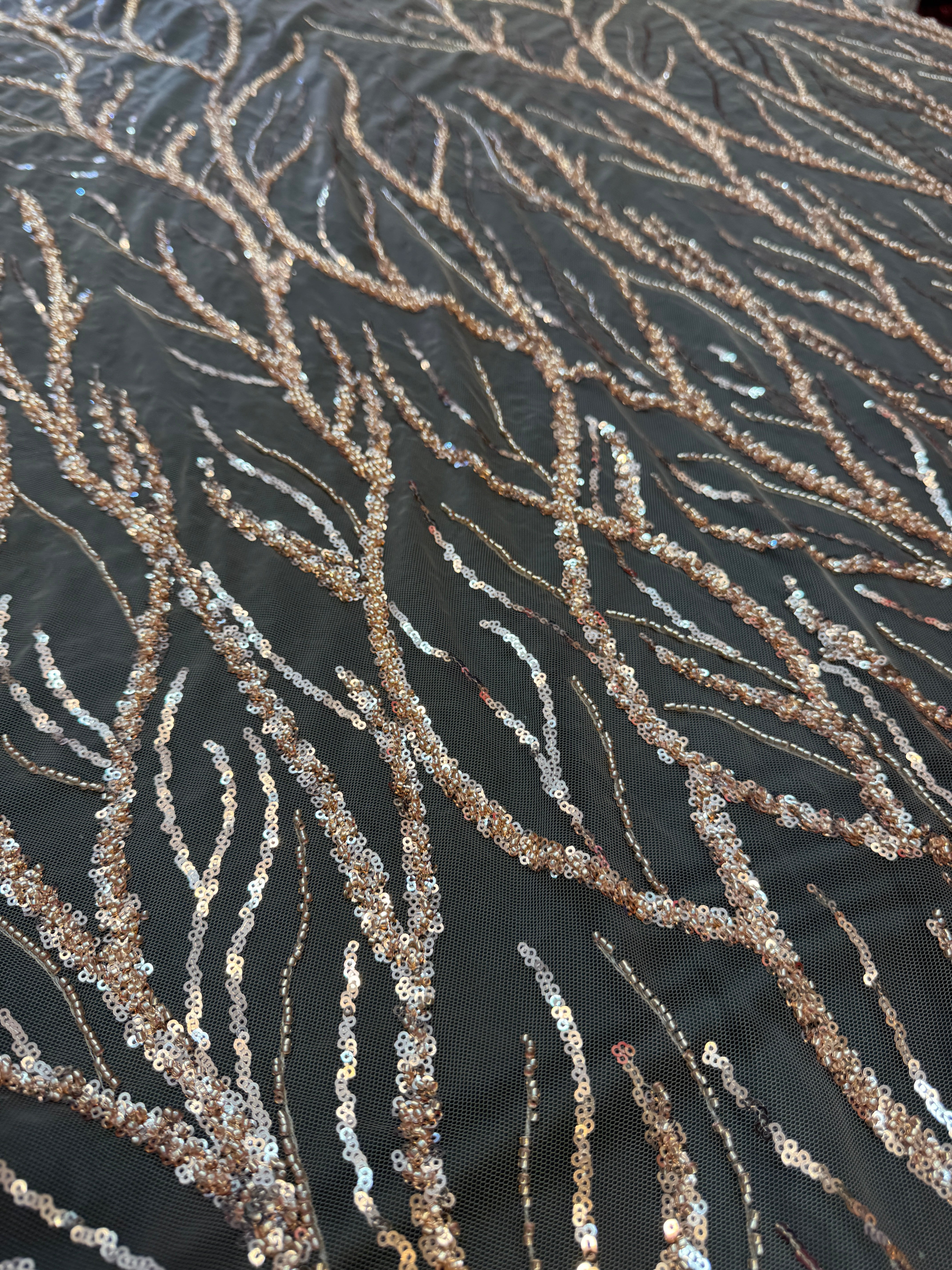 Gold Abstract Branch Beaded Sequin Lace on Mesh, Kiki Sewing Store, Kiki Luxury Fabric, Cheap Fabric Store, Kiki Textiles, Kiki Textile by the Yard, Kiki Textile USA