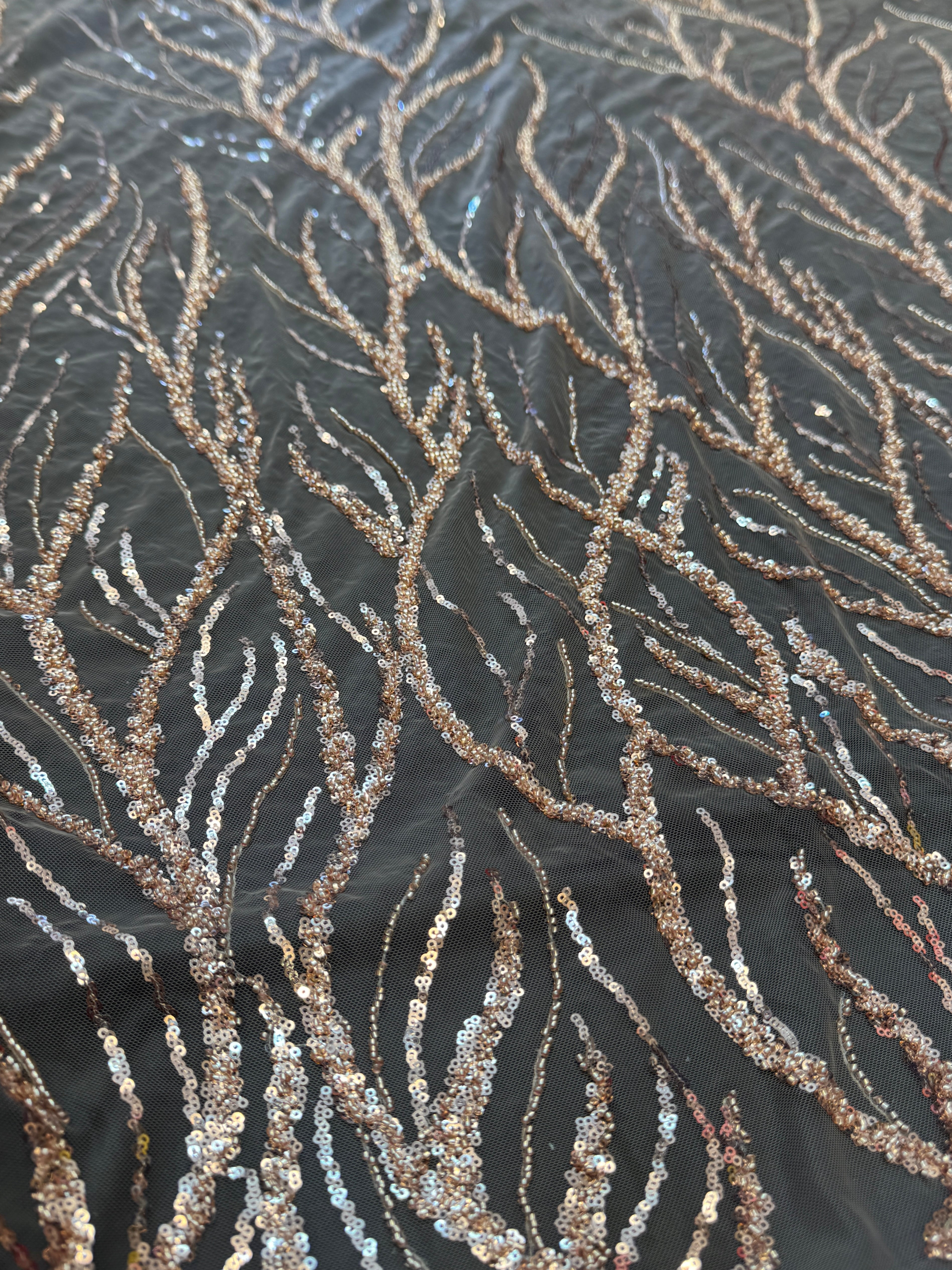 Gold Abstract Branch Beaded Sequin Lace on Mesh, Branch Lace Fabric, Beaded Sequin Lace, Sequin Mesh Lace, Beaded Lace Mesh, Abstract Lace Fabric, Embellished Lace Fabric