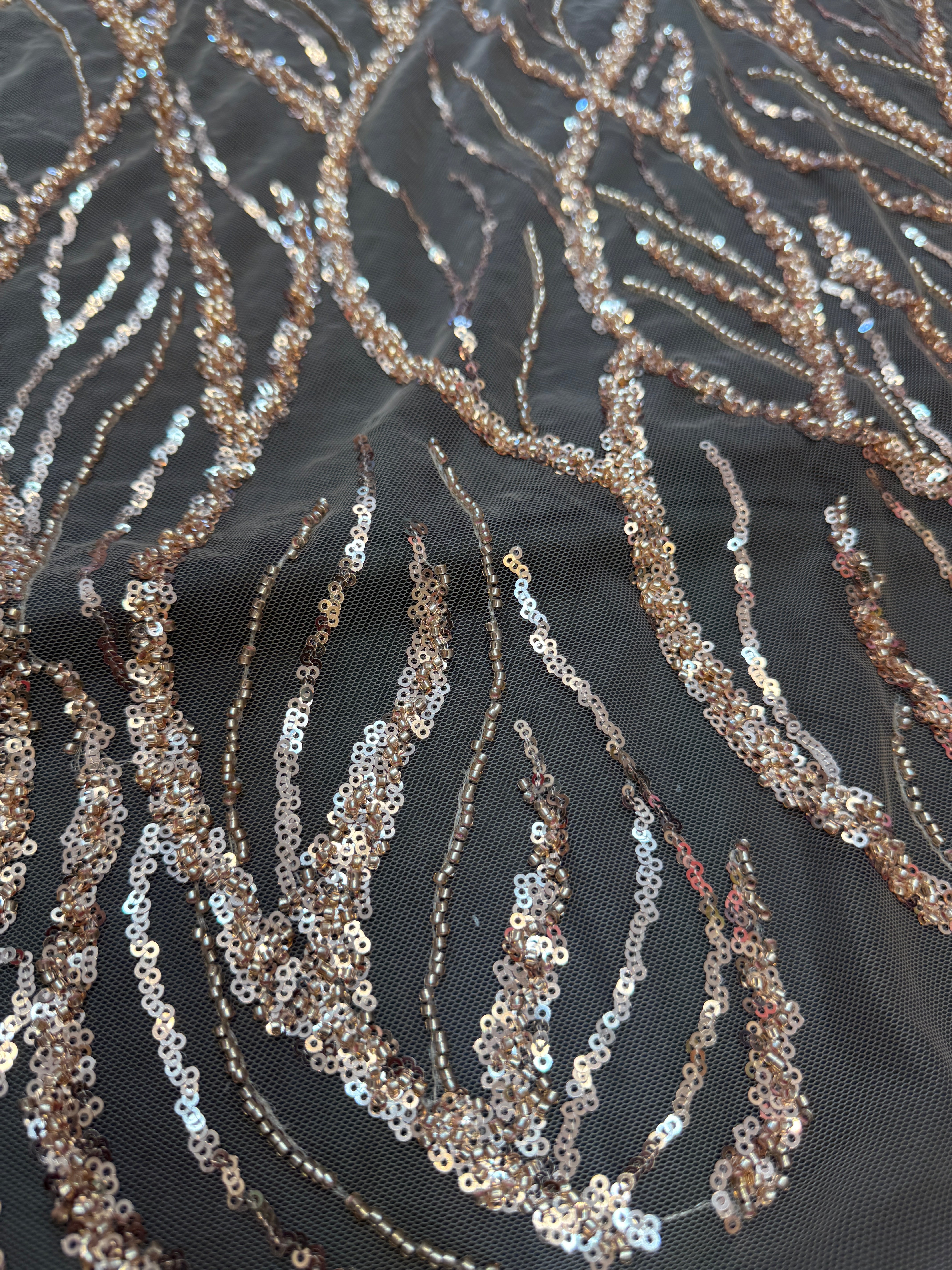 Gold Abstract Branch Beaded Sequin Lace on Mesh, Branch Lace Fabric, Beaded Sequin Lace, Sequin Mesh Lace, Beaded Lace Mesh, Abstract Lace Fabric, Embellished Lace Fabric