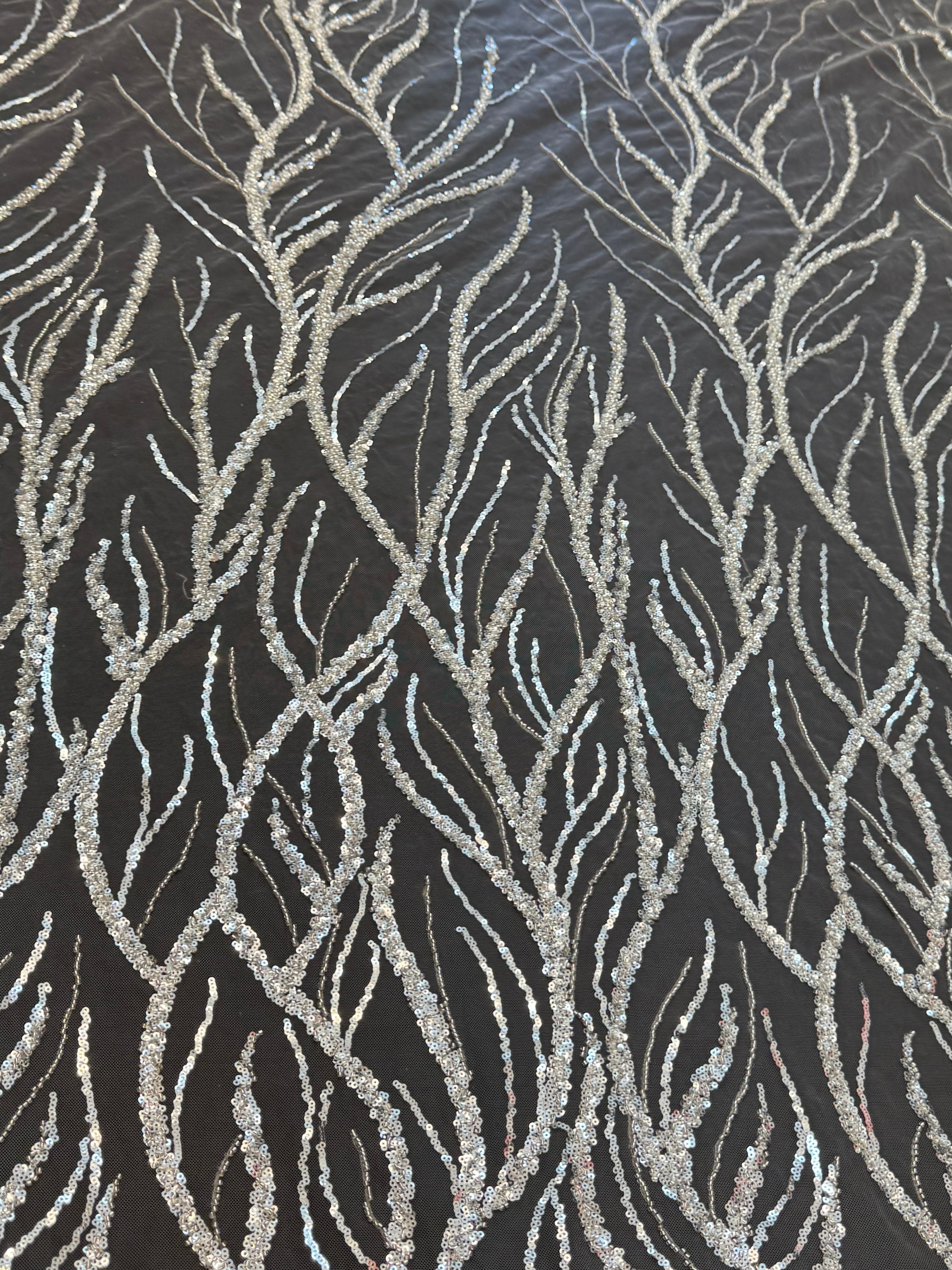 Silver Abstract Branch Beaded Sequin Lace on Mesh, Branch Lace Fabric, Beaded Sequin Lace, Sequin Mesh Lace, Beaded Lace Mesh, Abstract Lace Fabric, Embellished Lace Fabric