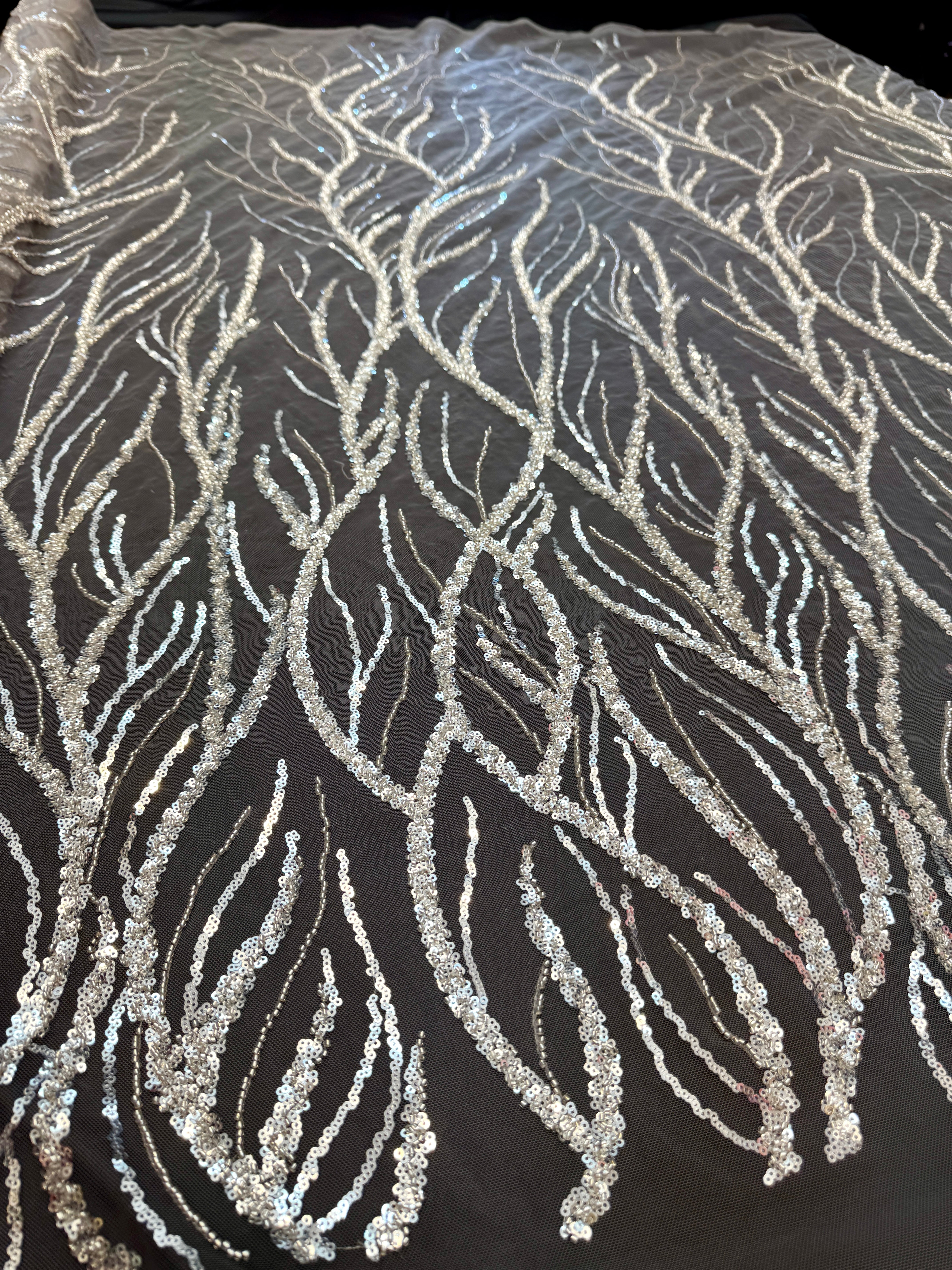 Silver Abstract Branch Beaded Sequin Lace on Mesh, Branch Lace Fabric, Beaded Sequin Lace, Sequin Mesh Lace, Beaded Lace Mesh, Abstract Lace Fabric, Embellished Lace Fabric
