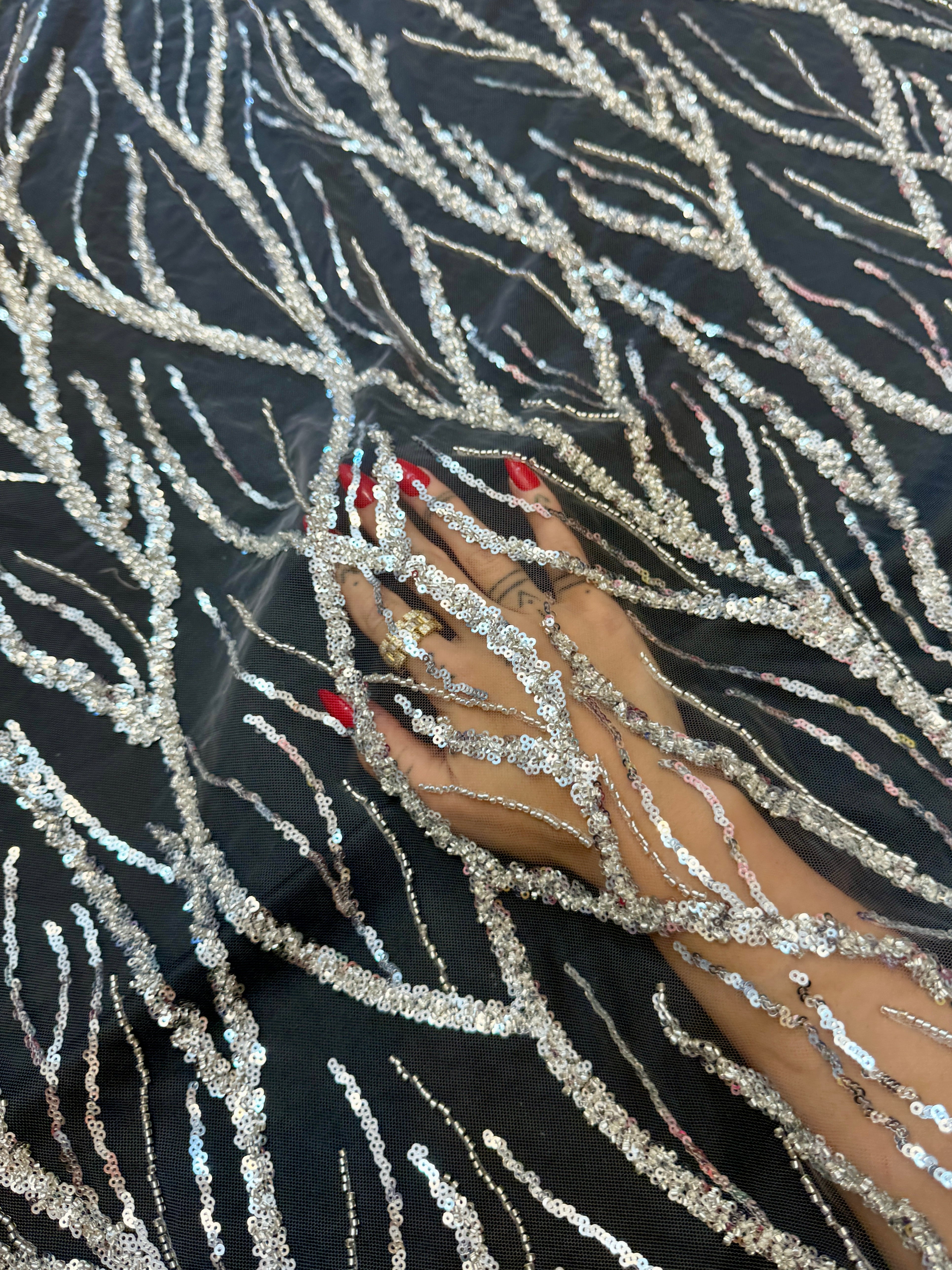 Silver Abstract Branch Beaded Sequin Lace on Mesh, Kiki Sewing Store, Kiki Luxury Fabric, Cheap Fabric Store, Kiki Textiles, Kiki Textile by the Yard, Kiki Textile USA