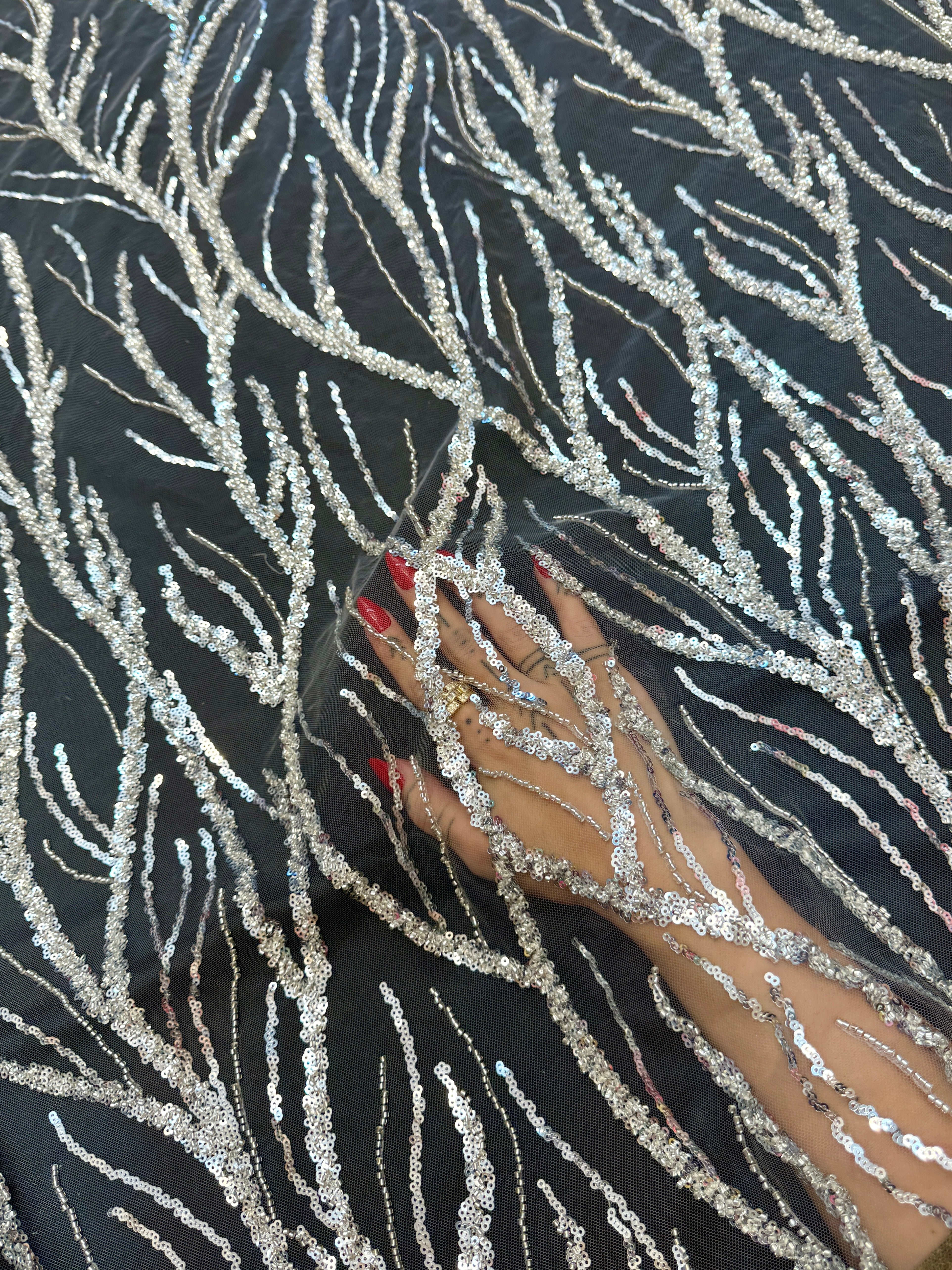 Silver Abstract Branch Beaded Sequin Lace on Mesh, Kiki Sewing Store, Kiki Luxury Fabric, Cheap Fabric Store, Kiki Textiles, Kiki Textile by the Yard, Kiki Textile USA