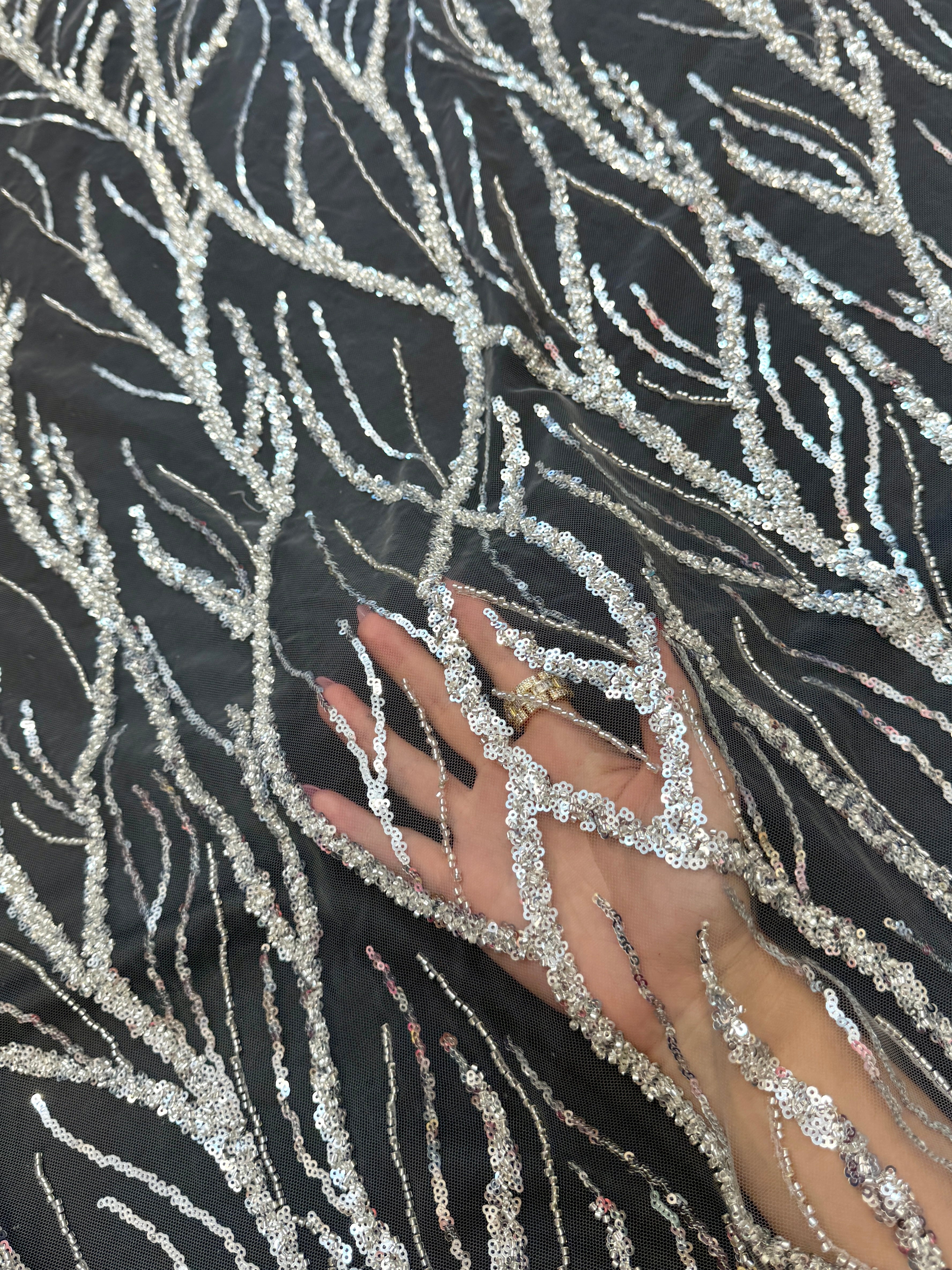 Silver Abstract Branch Beaded Sequin Lace on Mesh, Kiki Sewing Store, Kiki Luxury Fabric, Cheap Fabric Store, Kiki Textiles, Kiki Textile by the Yard, Kiki Textile USA