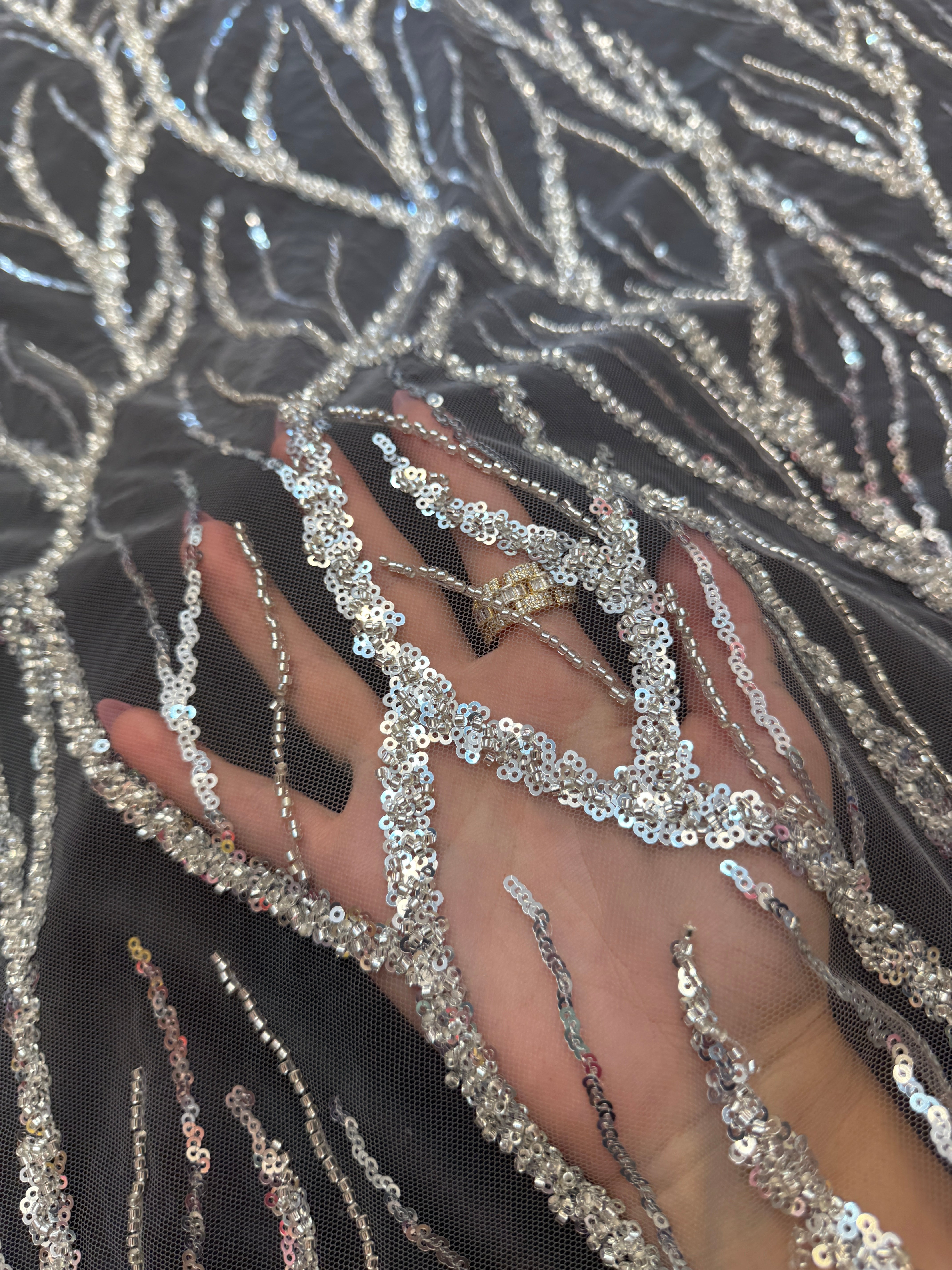 Silver Abstract Branch Beaded Sequin Lace on Mesh, Kiki Sewing Store, Kiki Luxury Fabric, Cheap Fabric Store, Kiki Textiles, Kiki Textile by the Yard, Kiki Textile USA