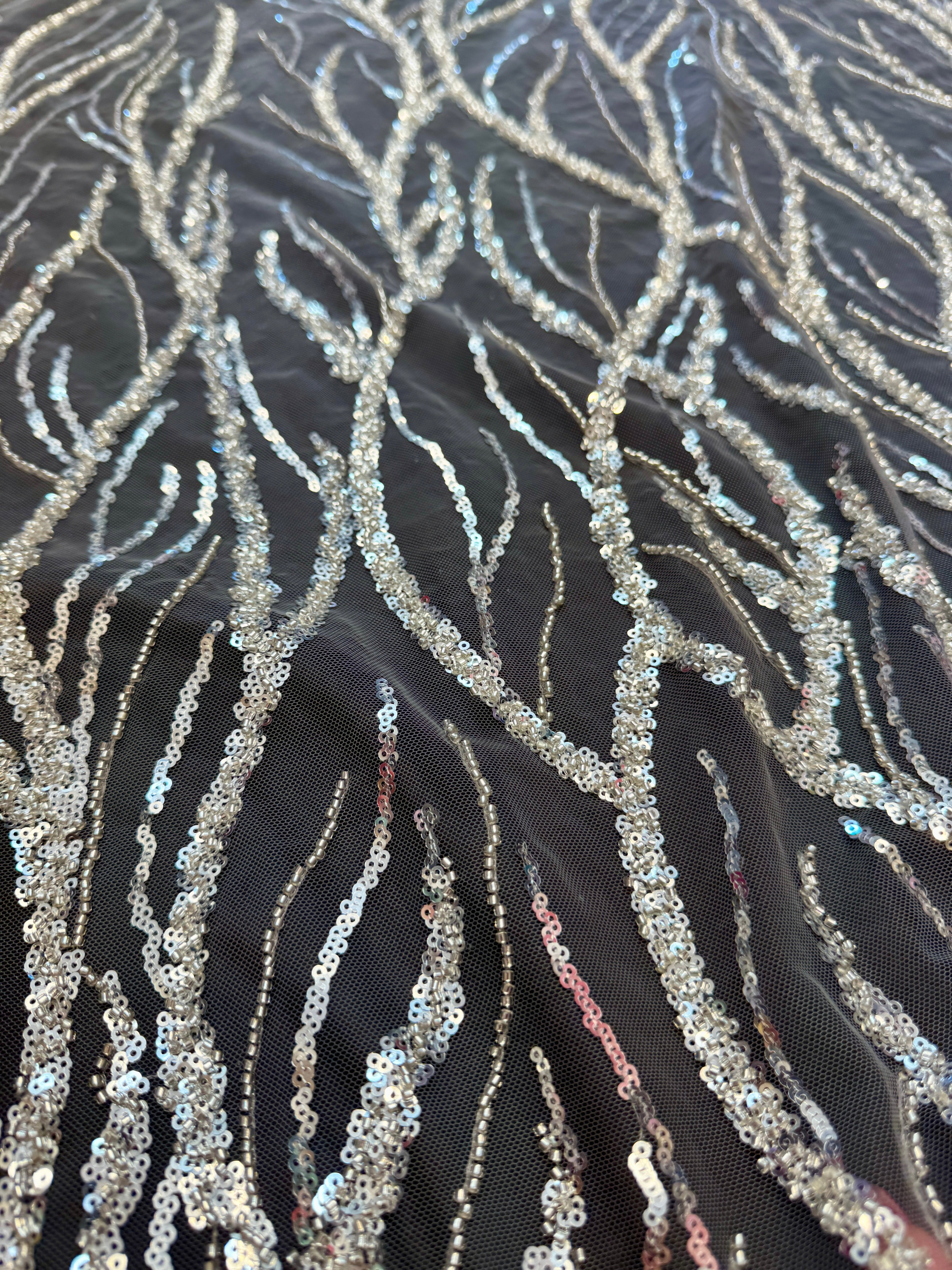 Silver Abstract Branch Beaded Sequin Lace on Mesh, Branch Lace Fabric, Beaded Sequin Lace, Sequin Mesh Lace, Beaded Lace Mesh, Abstract Lace Fabric, Embellished Lace Fabric