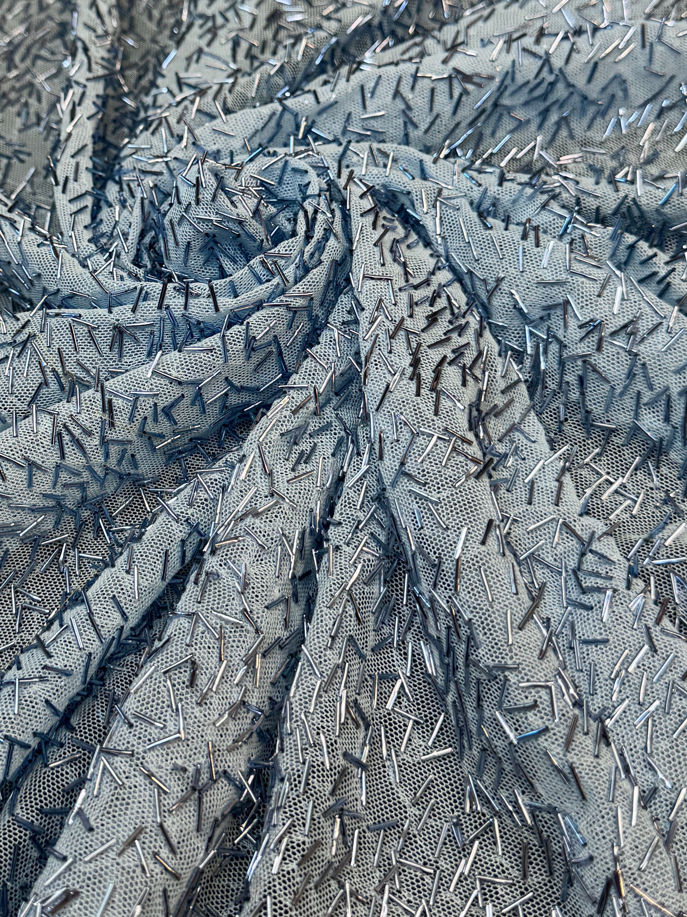 Baby Blue Bugle Beaded Stretch Mesh, Beaded Stretch Mesh, Stretch Mesh Fabric, Bugle Bead Fabric, Beaded Mesh Fabric, Embellished Mesh Fabric, Stretch Beaded Fabric, Mesh Fabric Stretch