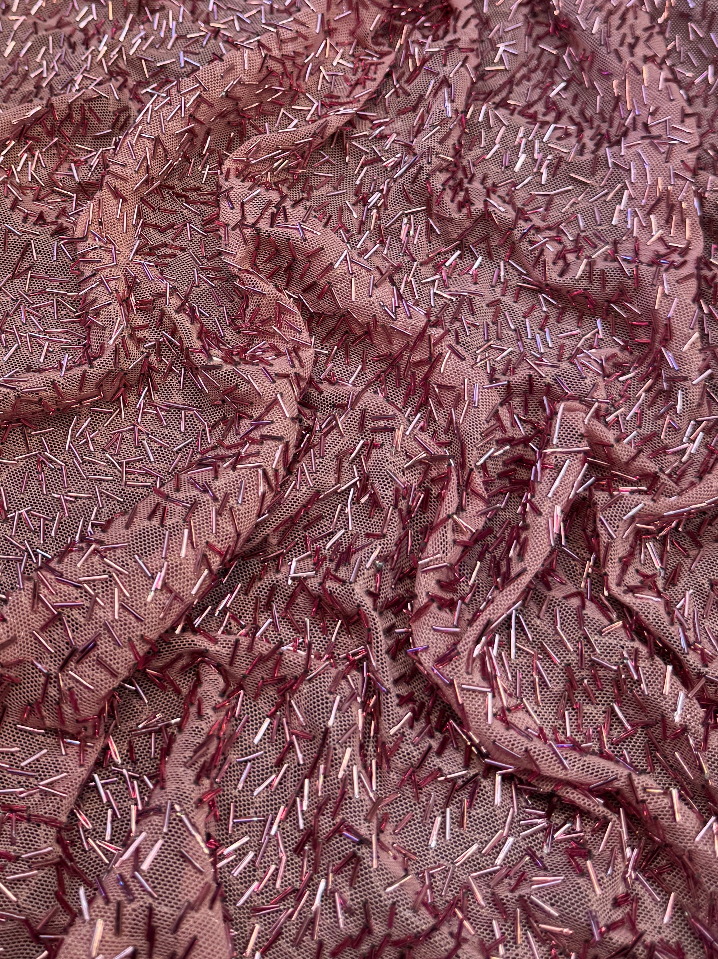 Dusty Rose Bugle Beaded Stretch Mesh, Beaded Stretch Mesh, Stretch Mesh Fabric, Bugle Bead Fabric, Beaded Mesh Fabric, Embellished Mesh Fabric, Stretch Beaded Fabric, Mesh Fabric Stretch
