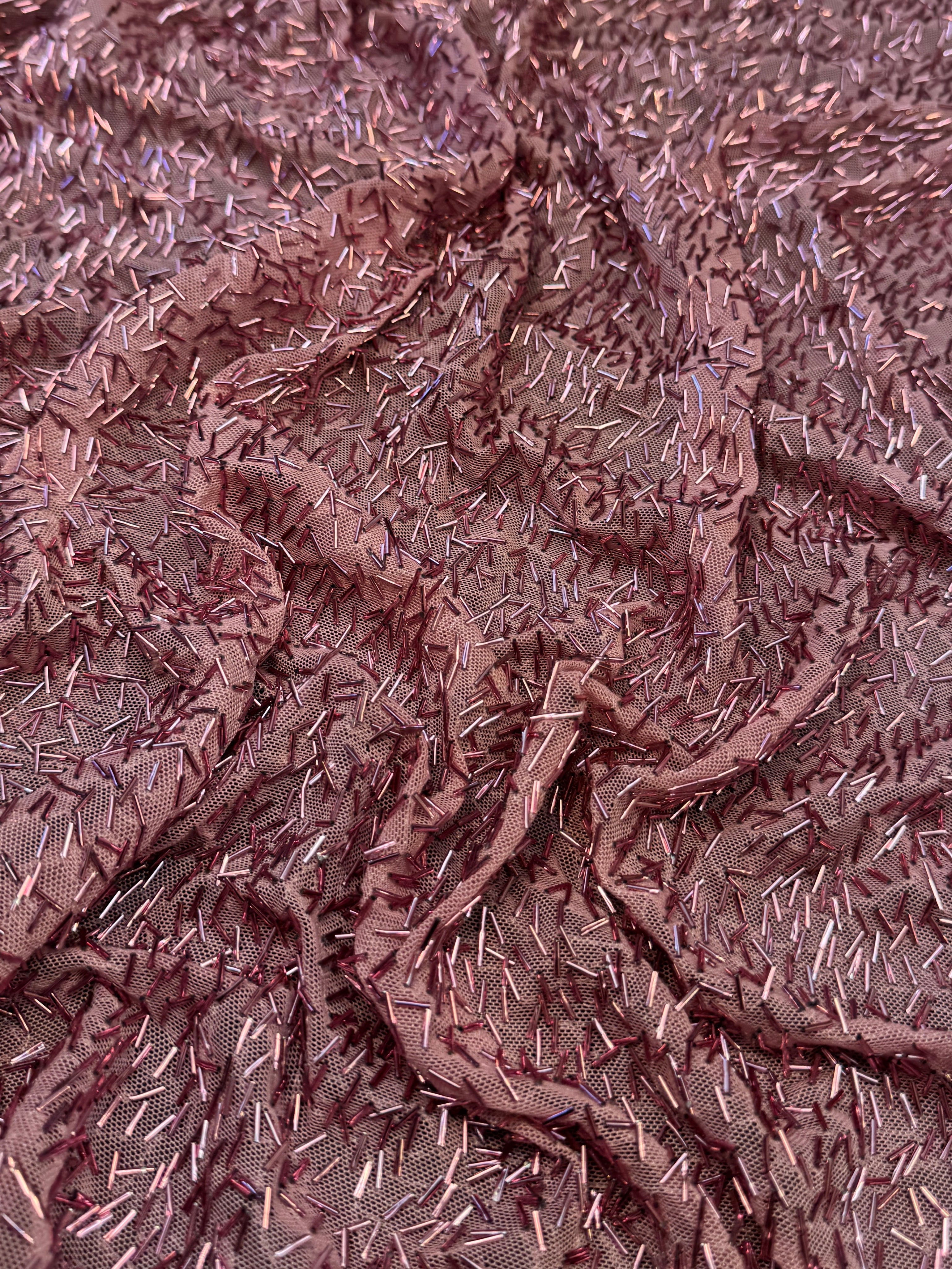 Dusty Rose Bugle Beaded Stretch Mesh, Beaded Stretch Mesh, Stretch Mesh Fabric, Bugle Bead Fabric, Beaded Mesh Fabric, Embellished Mesh Fabric, Stretch Beaded Fabric, Mesh Fabric Stretch