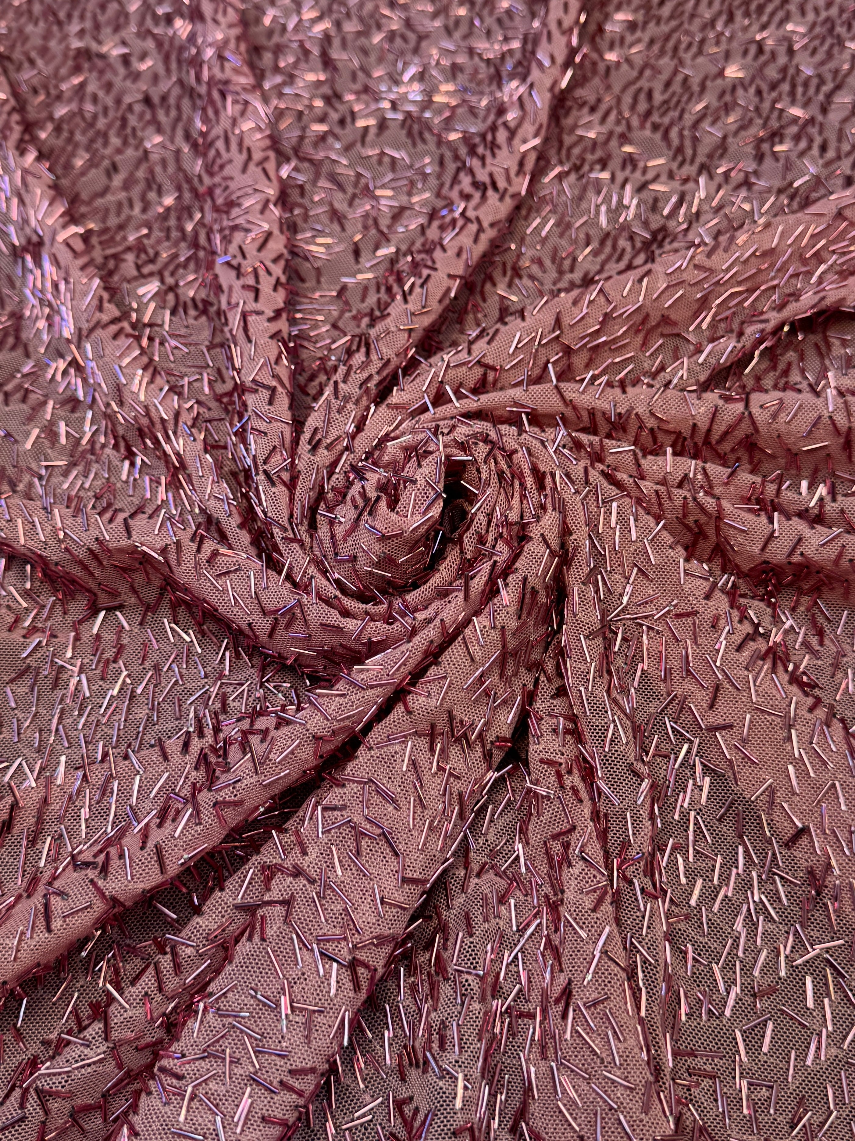 Dusty Rose Bugle Beaded Stretch Mesh, Beaded Stretch Mesh, Stretch Mesh Fabric, Bugle Bead Fabric, Beaded Mesh Fabric, Embellished Mesh Fabric, Stretch Beaded Fabric, Mesh Fabric Stretch