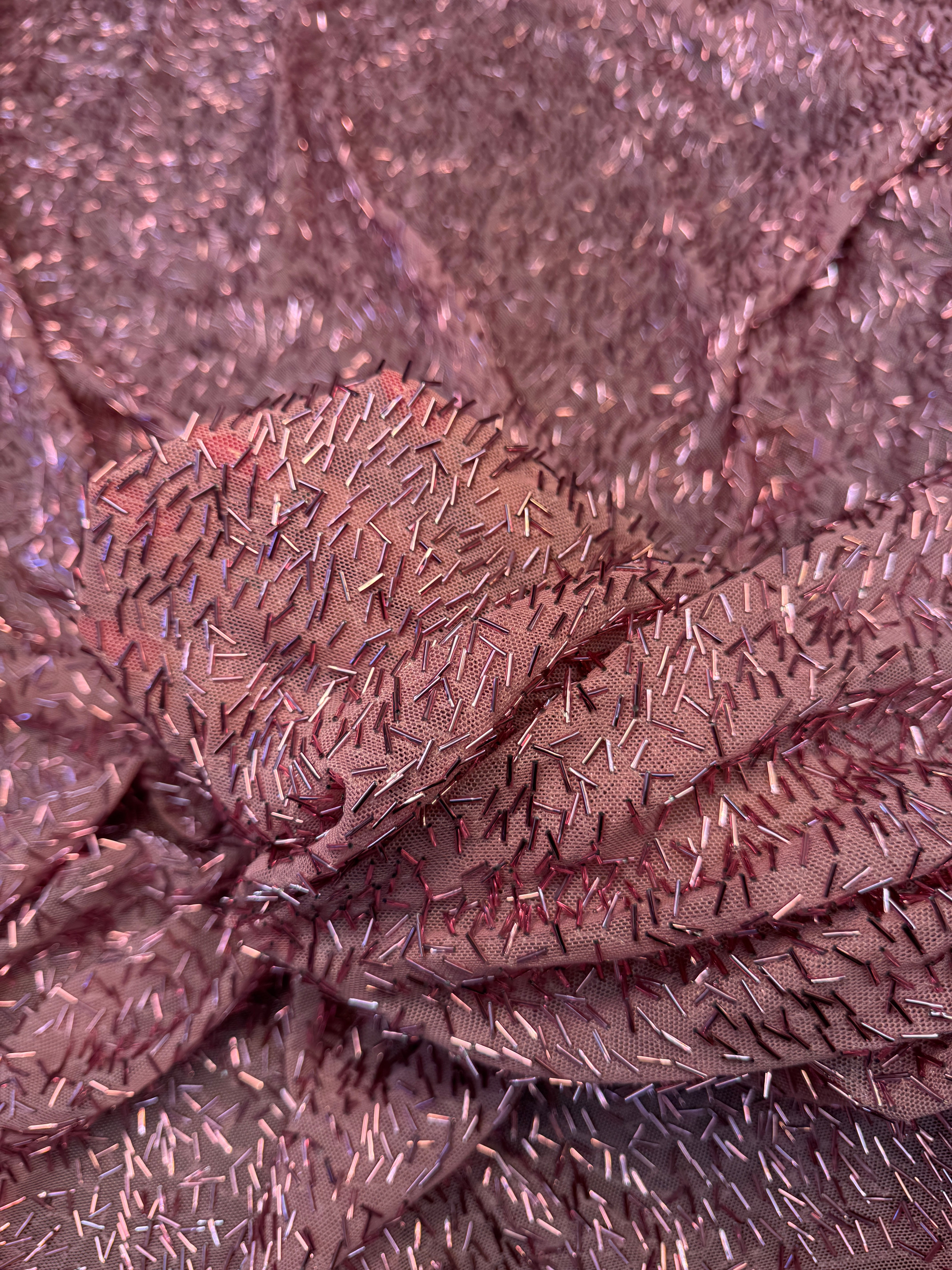 Dusty Rose Bugle Beaded Stretch Mesh, Beaded Stretch Mesh, Stretch Mesh Fabric, Bugle Bead Fabric, Beaded Mesh Fabric, Embellished Mesh Fabric, Stretch Beaded Fabric, Mesh Fabric Stretch