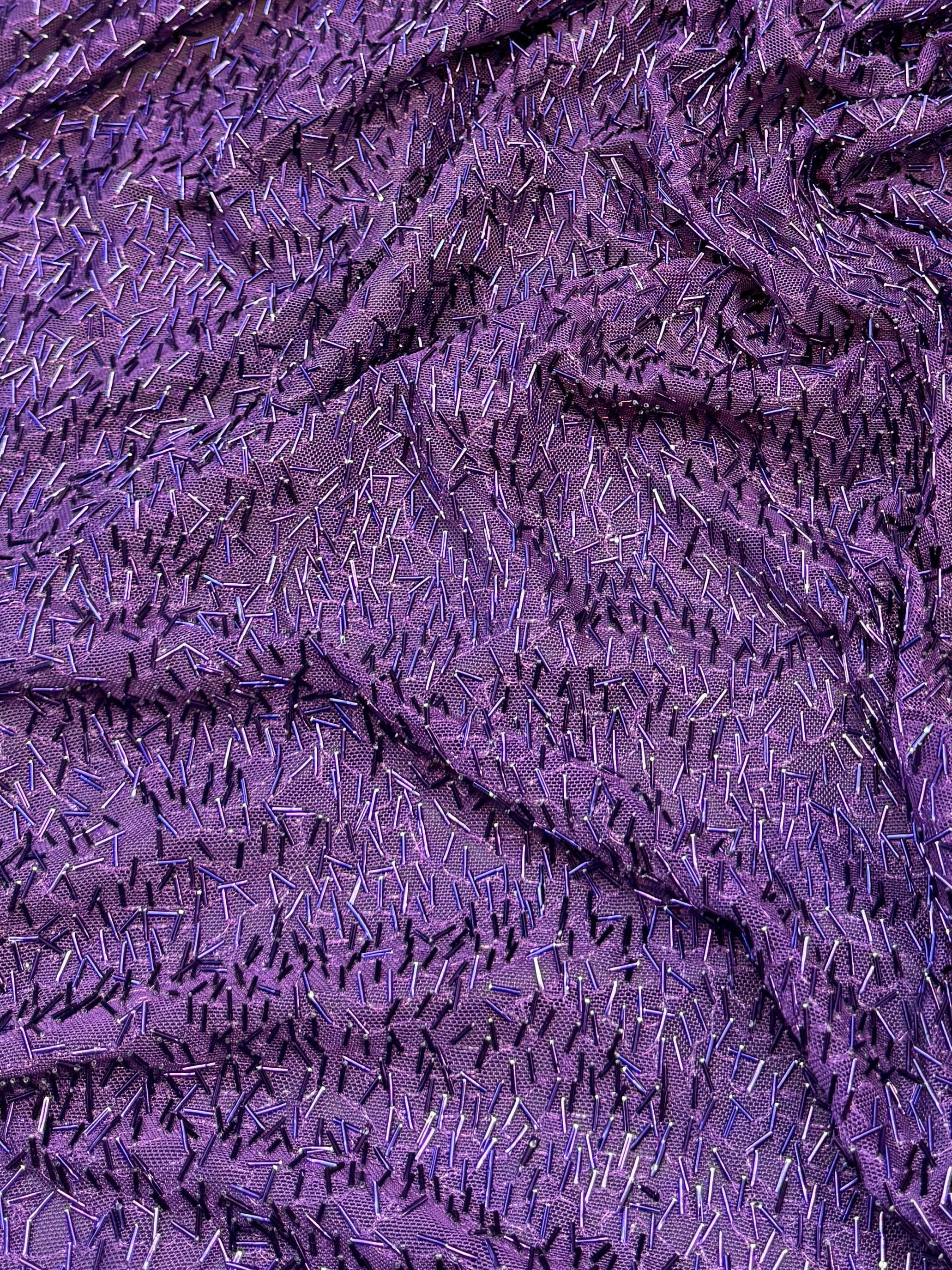 Purple Bugle Beaded Stretch Mesh, Beaded Stretch Mesh, Stretch Mesh Fabric, Bugle Bead Fabric, Beaded Mesh Fabric, Embellished Mesh Fabric, Stretch Beaded Fabric, Mesh Fabric Stretch