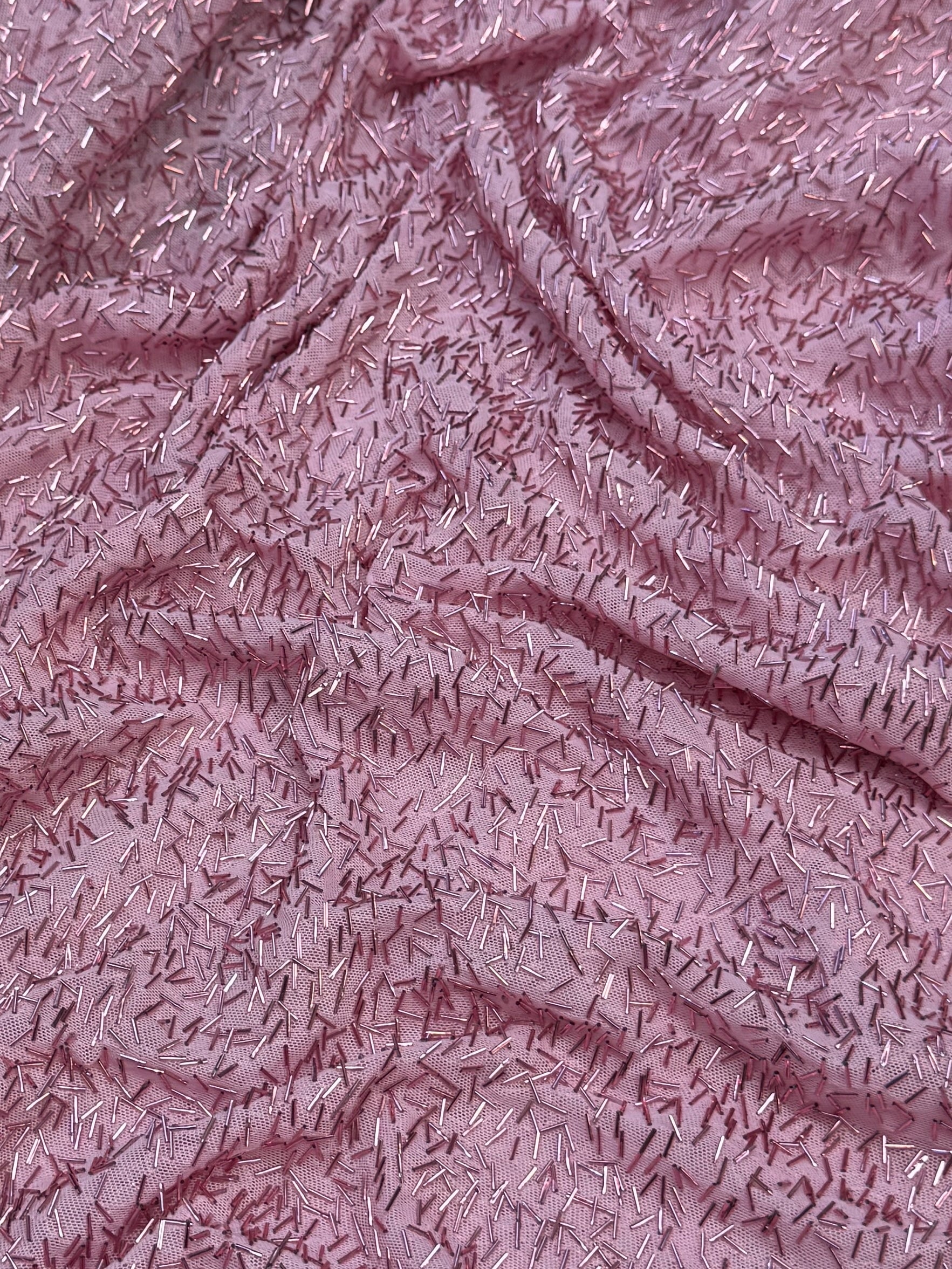 Blush Pink Bugle Beaded Stretch Mesh, Beaded Stretch Mesh, Stretch Mesh Fabric, Bugle Bead Fabric, Beaded Mesh Fabric, Embellished Mesh Fabric, Stretch Beaded Fabric, Mesh Fabric Stretch
