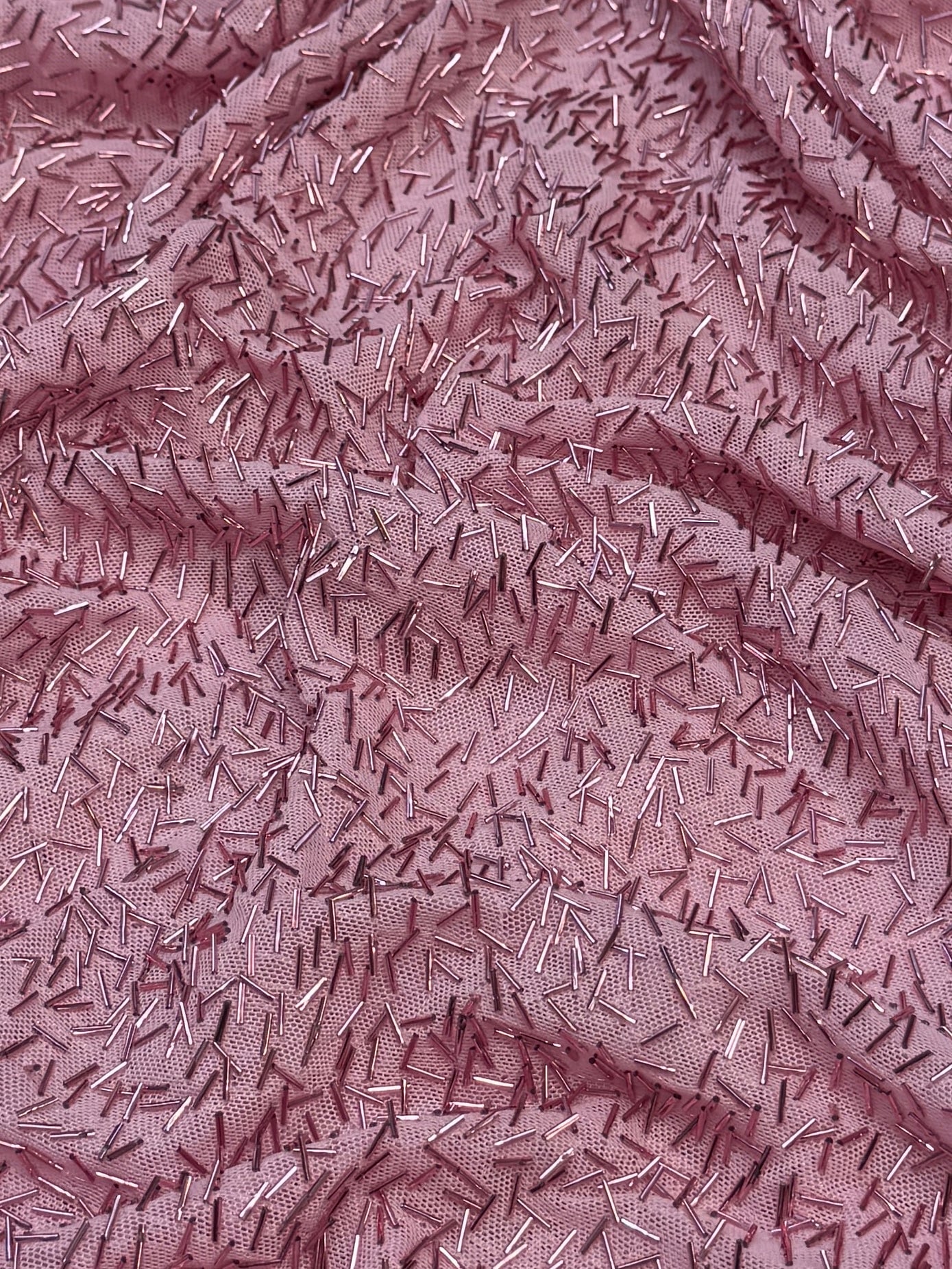 Blush Pink Bugle Beaded Stretch Mesh, Beaded Stretch Mesh, Stretch Mesh Fabric, Bugle Bead Fabric, Beaded Mesh Fabric, Embellished Mesh Fabric, Stretch Beaded Fabric, Mesh Fabric Stretch