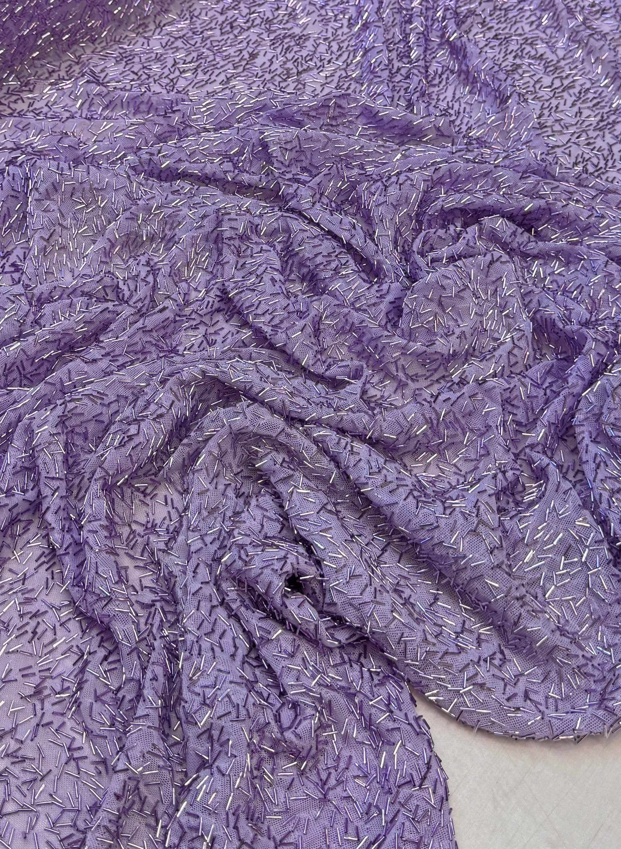 Lavender Bugle Beaded Stretch Mesh, Beaded Stretch Mesh, Stretch Mesh Fabric, Bugle Bead Fabric, Beaded Mesh Fabric, Embellished Mesh Fabric, Stretch Beaded Fabric, Mesh Fabric Stretch